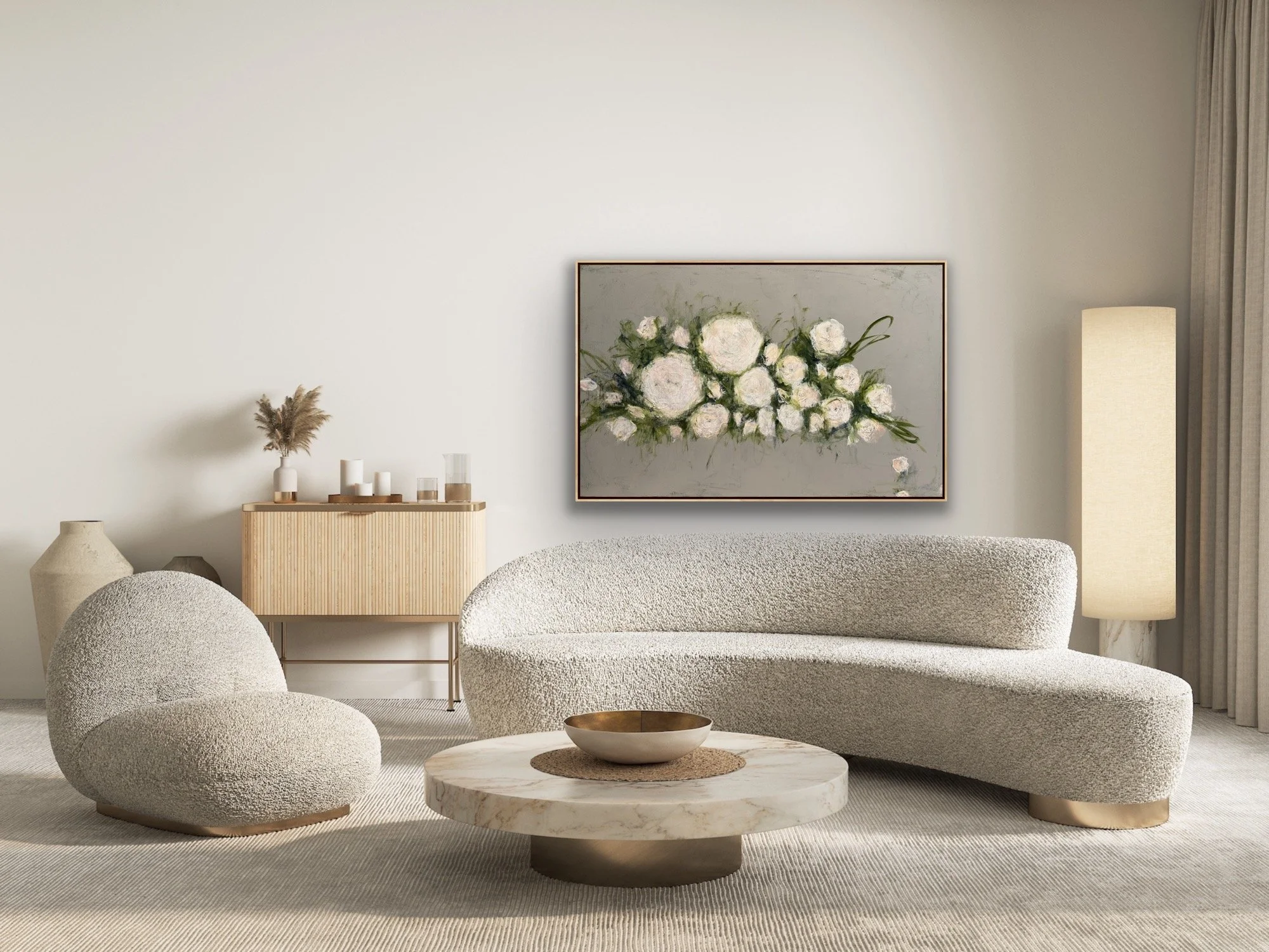 Original floral painting by Nicole Cromwell in cream and grey tones, 48 x 30 acrylic on canvas