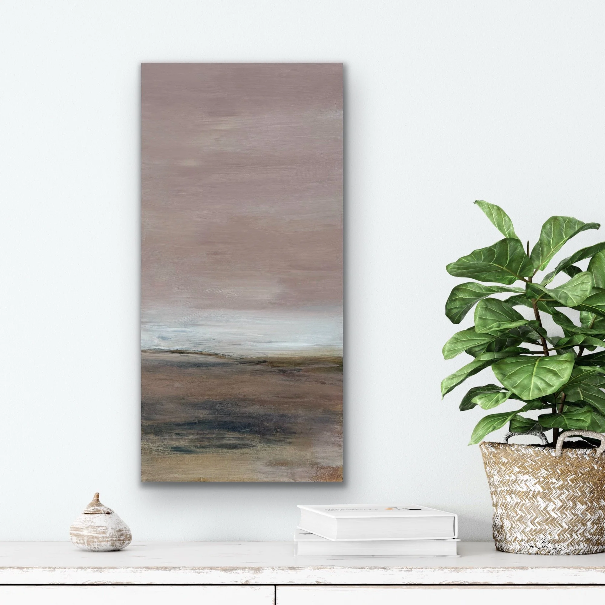 Abstract seascape painting in soft purple and blue tones, calming coastal composition, 24 x 12 original acrylic by Nicole Cromwell