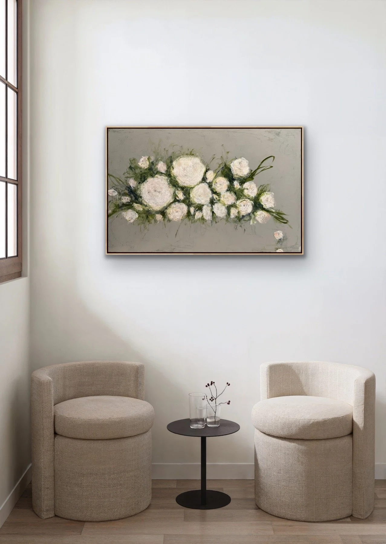 These cream florals pop off the grey background on this 48x30 canvas by Nicole Cromwell Art