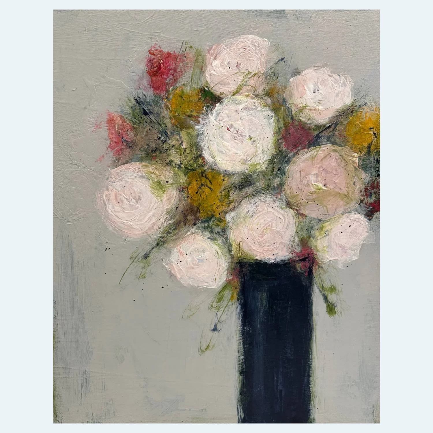 Original abstract floral painting in cream and multicolored tones, 20 x 16 acrylic on canvas