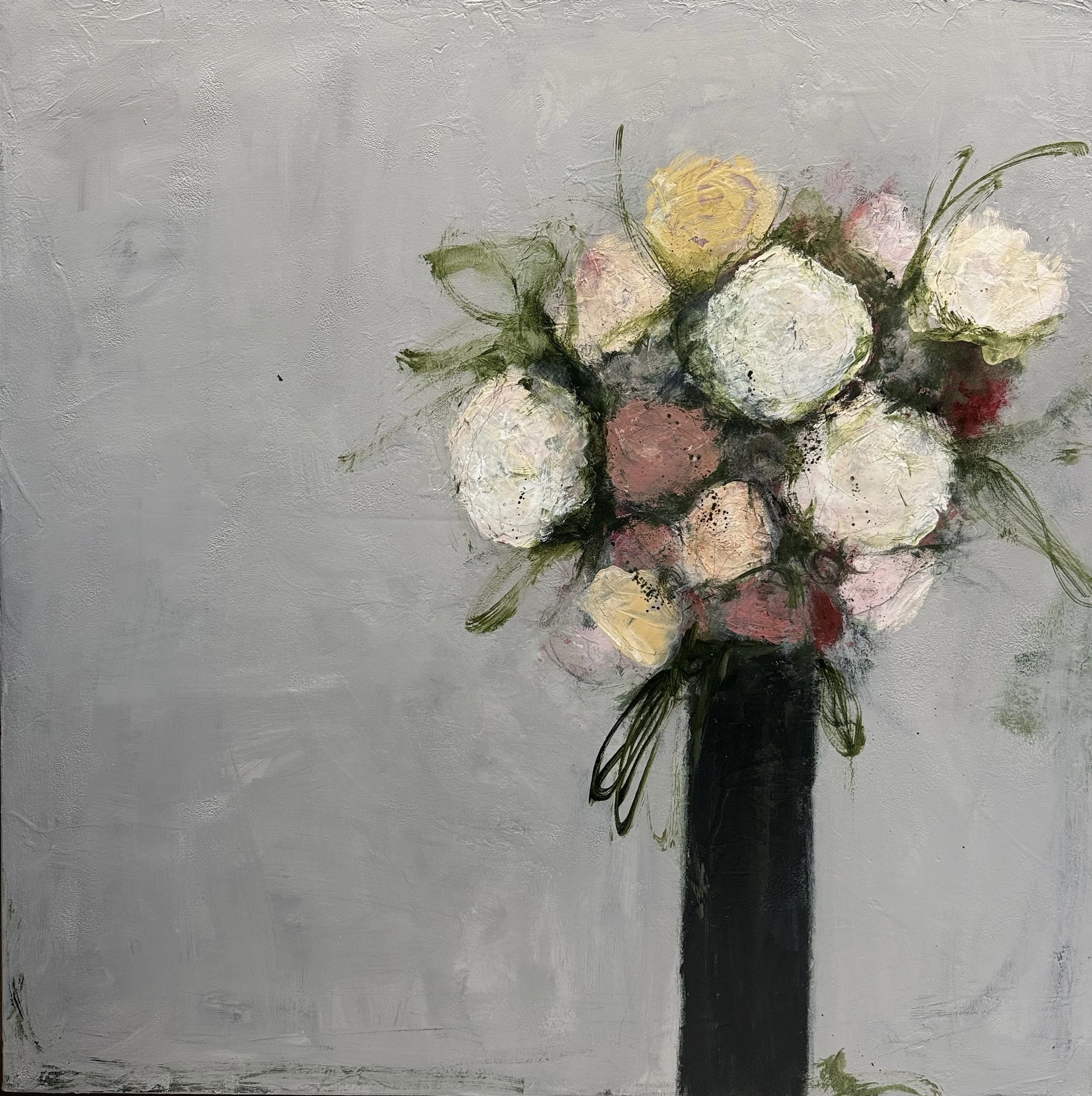 Gathered, an original abstract floral painting of soft white and pink flowers in a vase, acrylic on canvas by Carmel-by-the-Sea artist Nicole Cromwell