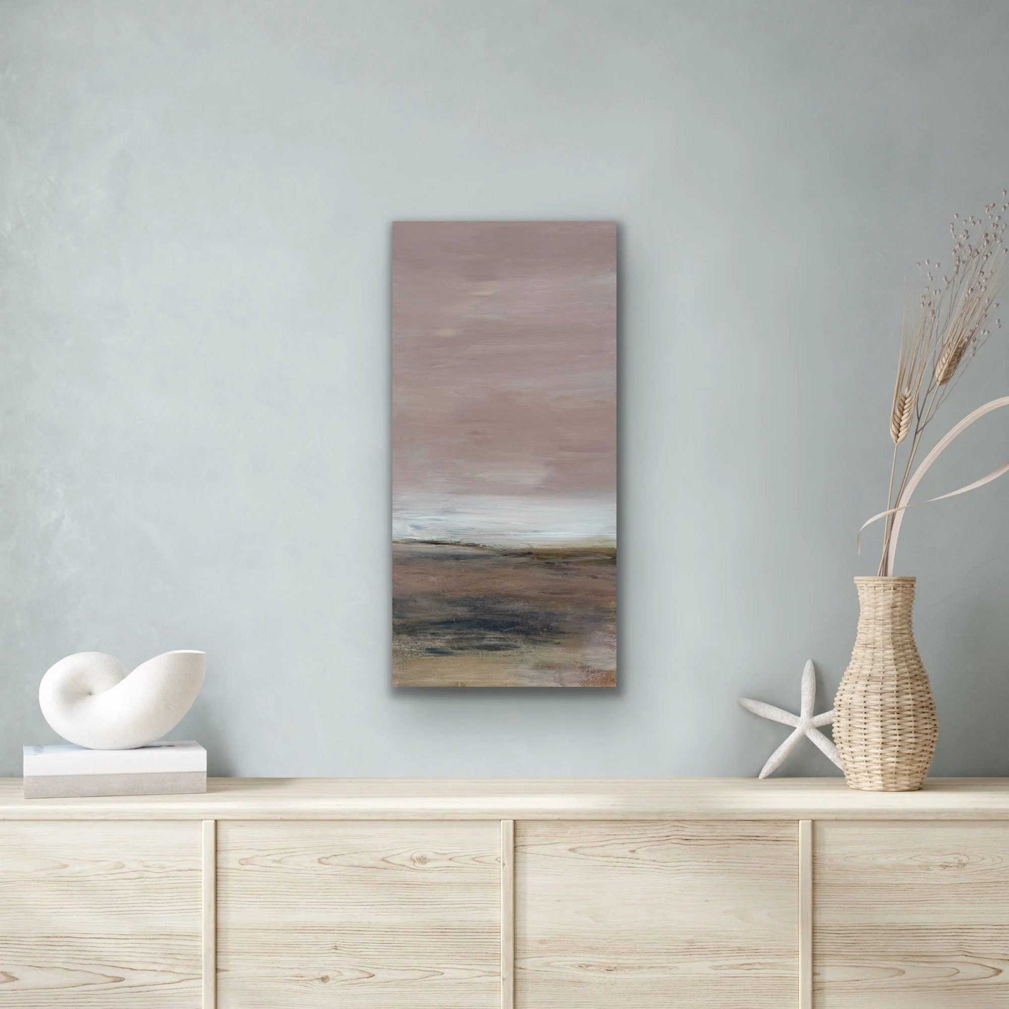 Original seascape painting inspired by sunset in Carmel-by-the-Sea, cloudy day purple tones, 24 x 12 acrylic on wood panel