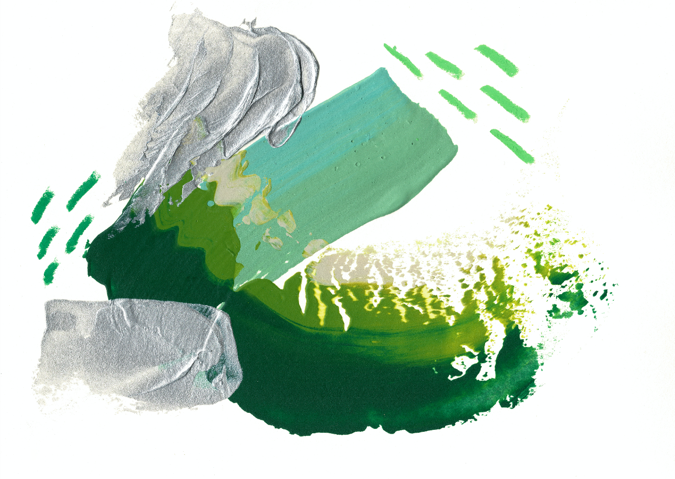 Abstract representation of a hand gripping a cylindrical object with green, yellow, and grey colors, using textured and layered brush strokes.