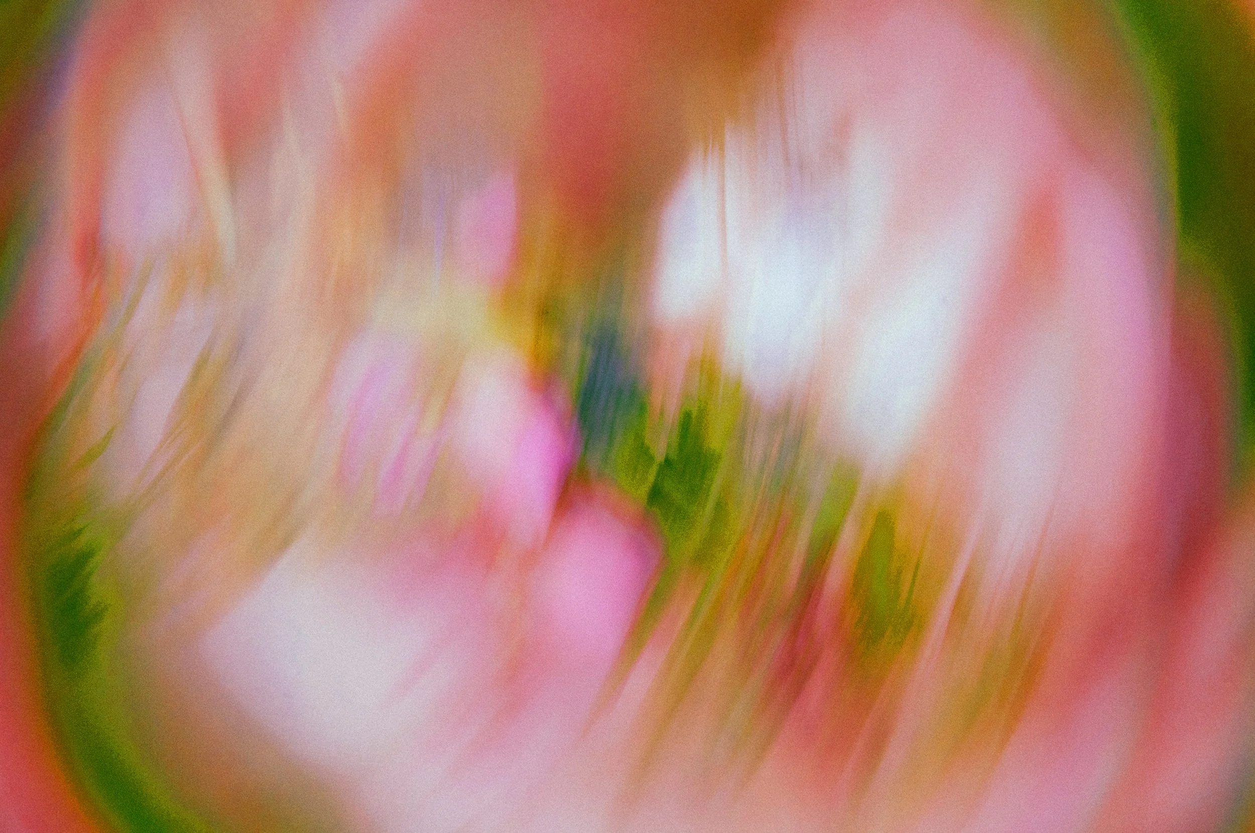 Abstract, colorful photo with pink, green, and yellow blurred streaks.