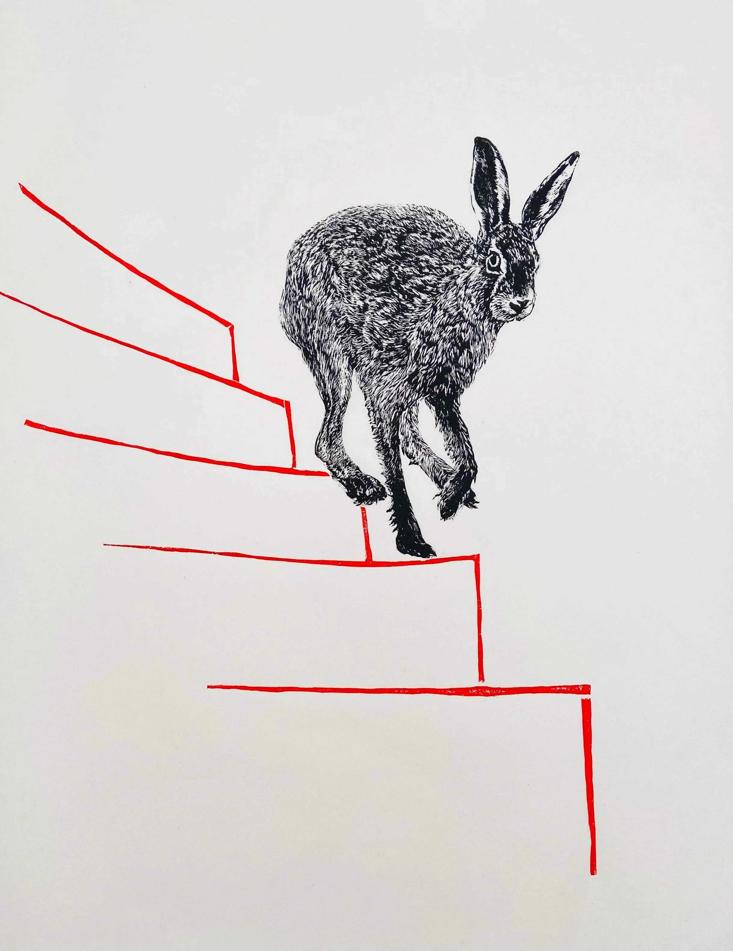 "Hare", 2021, Linoprint on paper, 35 x 25 inches