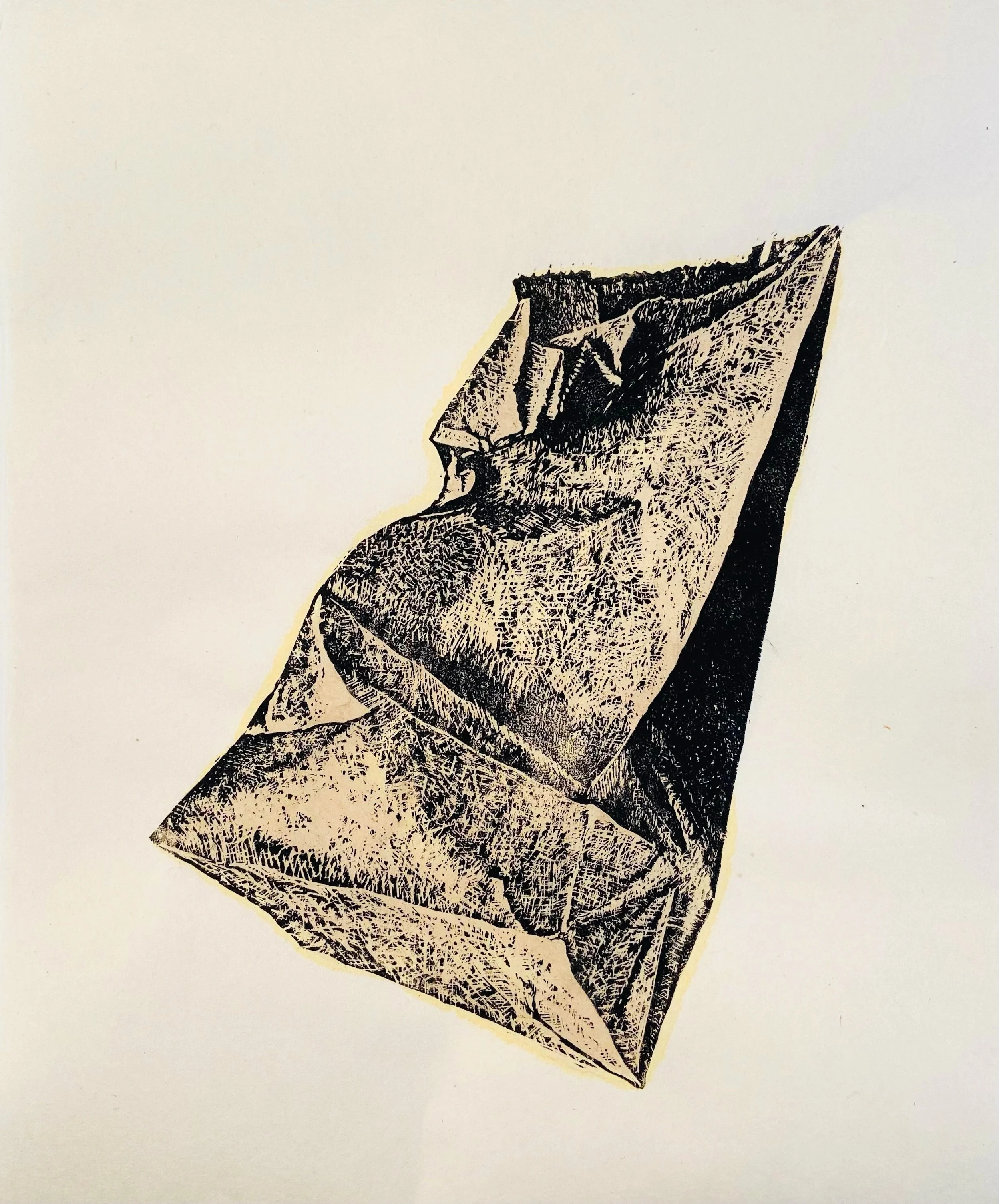 "Paper Bag", 2021, Linoprint on paper, 14 x 12 inches