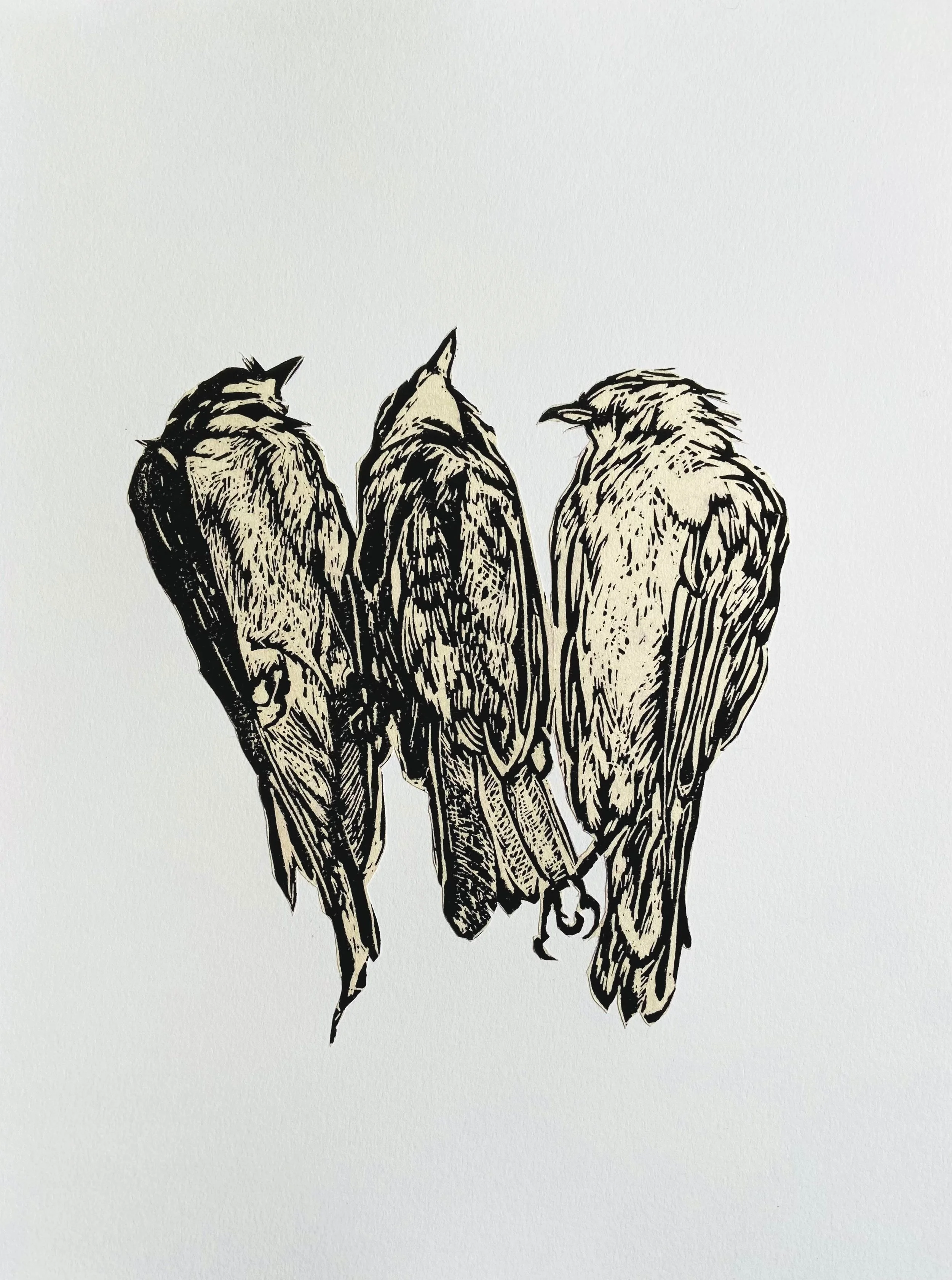 "3 Dead Birds", 2021, Linoprint collage, 12 x 9 inches
