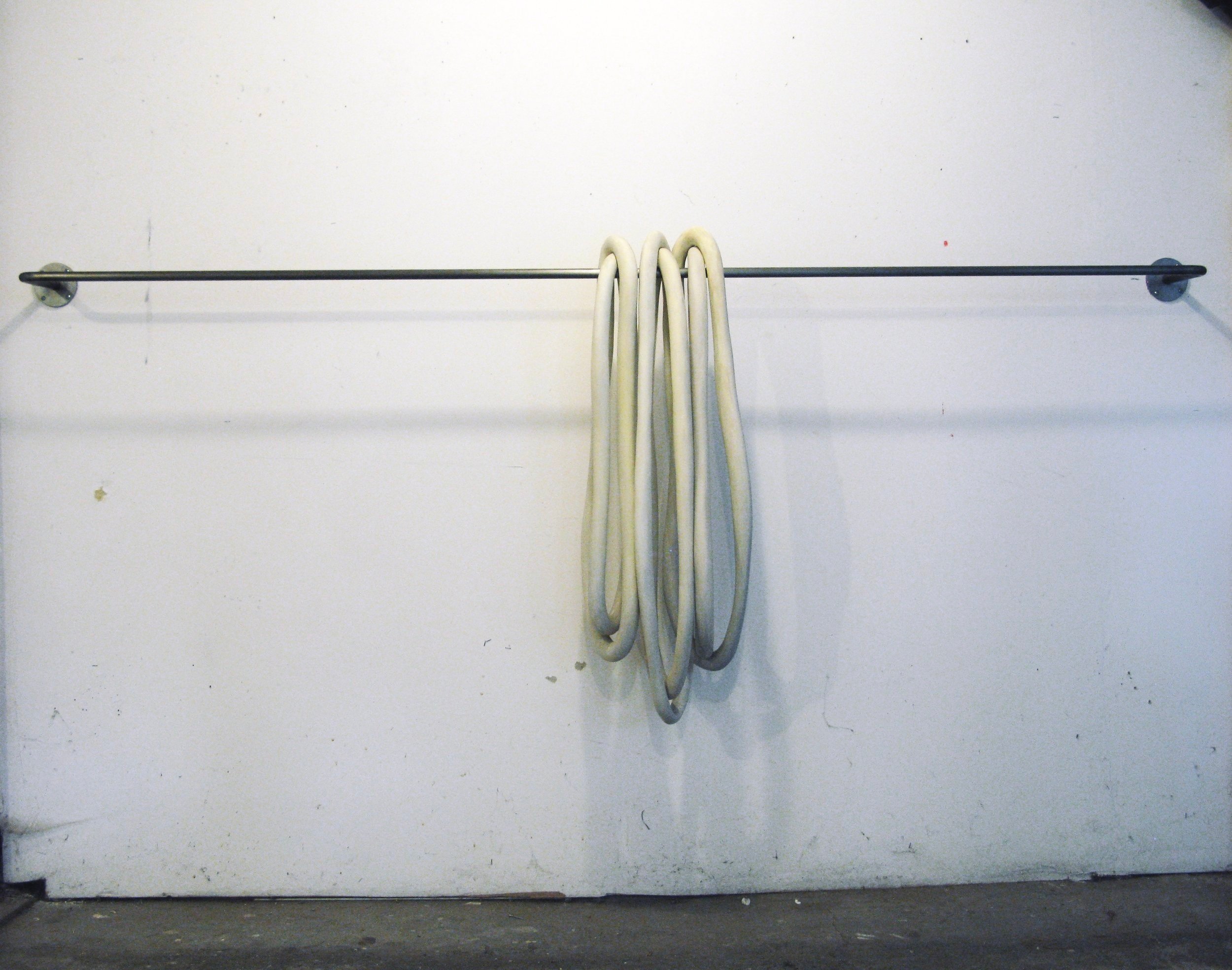 "Waiting", 2014, Wood, paint, steel-railing, 36 x 88 x 10 inches