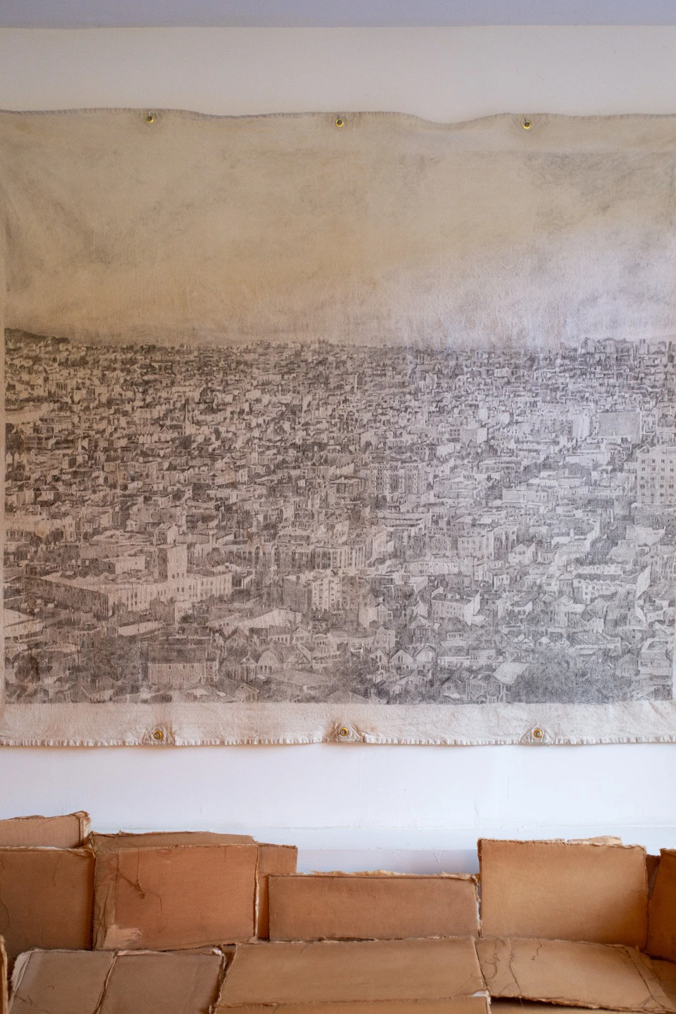 "Overview" Floor installation, Plywood, dyed muslin, cotton batting, thread, 12 x 60 x 30 inches