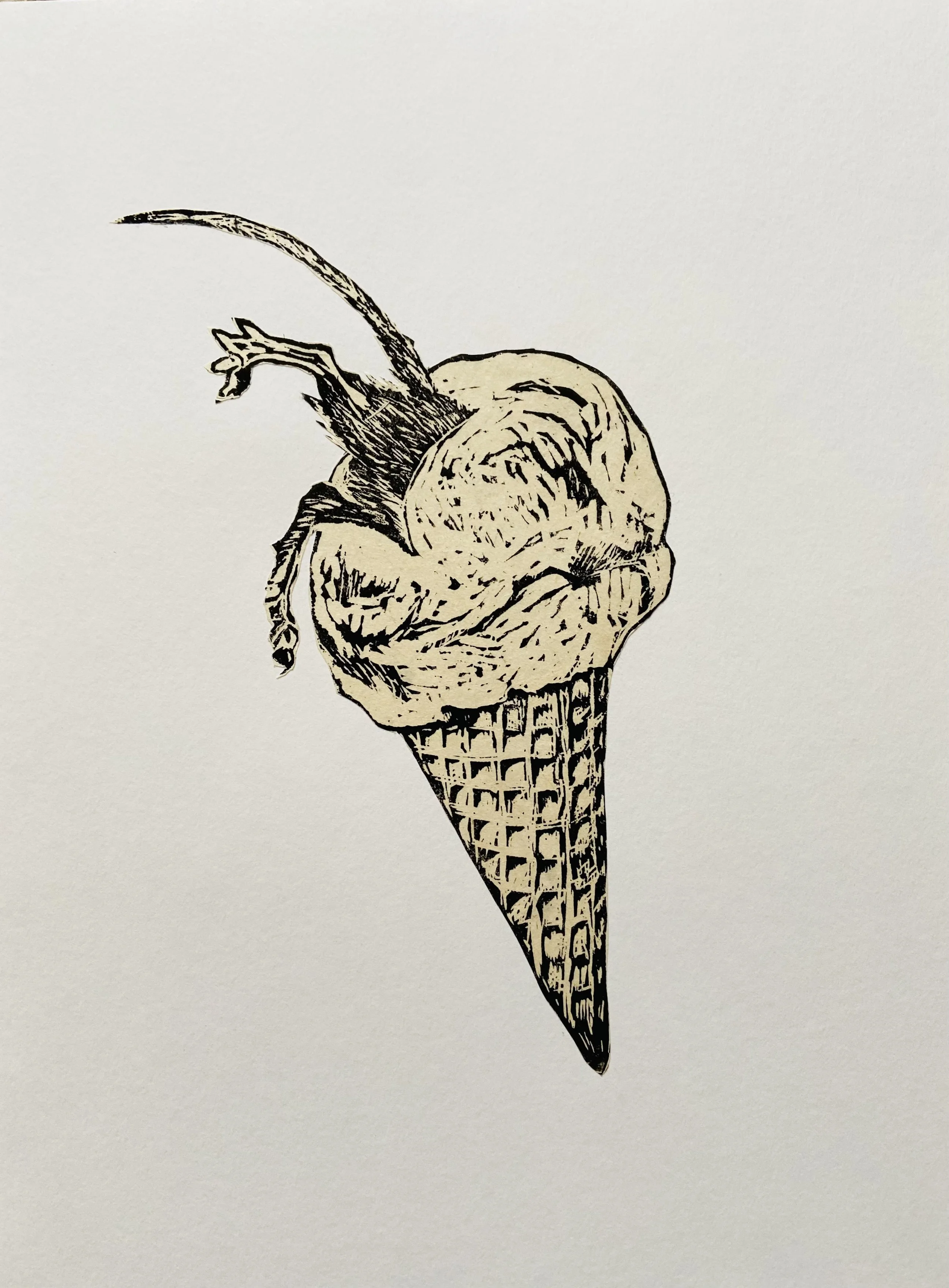"Nose-dive", 2021, Linoprint collage, 12 x 9 inches