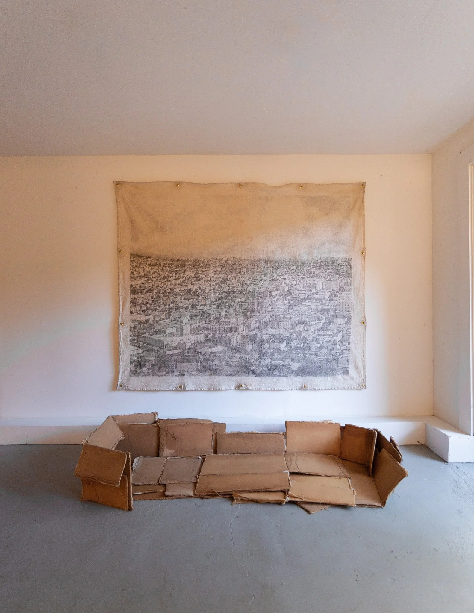 "Overview", 2021, Pencil on canvas tarp, 67 x 80 inches