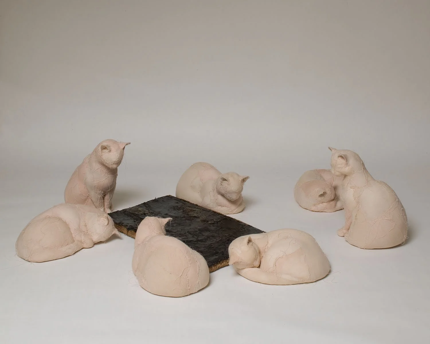 "Spell", 2004-5, Dyed muslin, polyester, fiberfill, wood doormat, tar, 16 x 72 x 60 inches