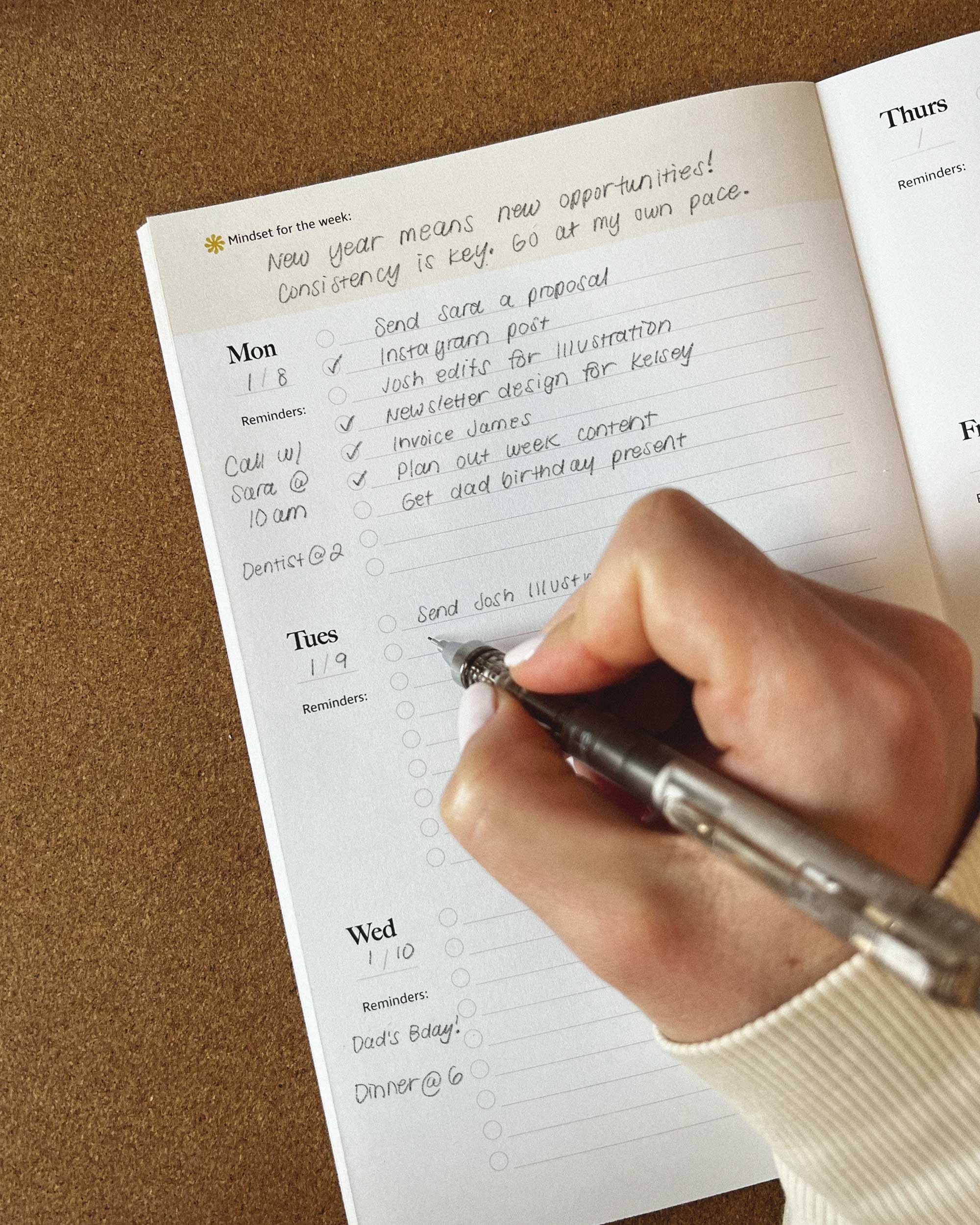 Hand writing in planner with pencil