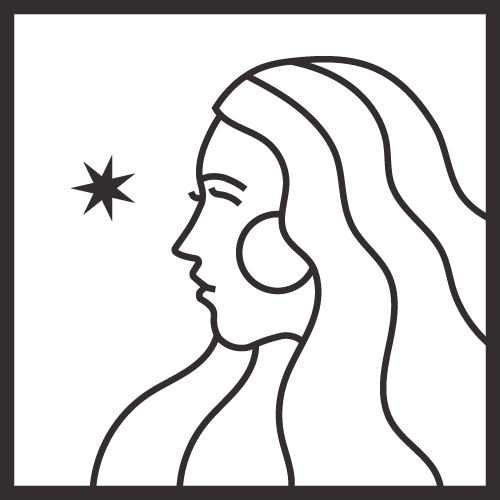 Line drawing of a woman's profile with long hair, facing a star on a dark background.