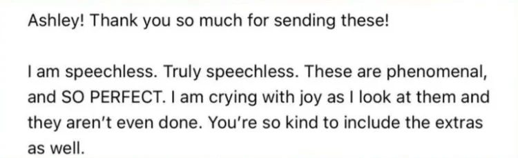 Screenshot of a heartfelt thank you message expressing gratitude for receiving items, praising their perfection, and appreciating the kindness of including extras.