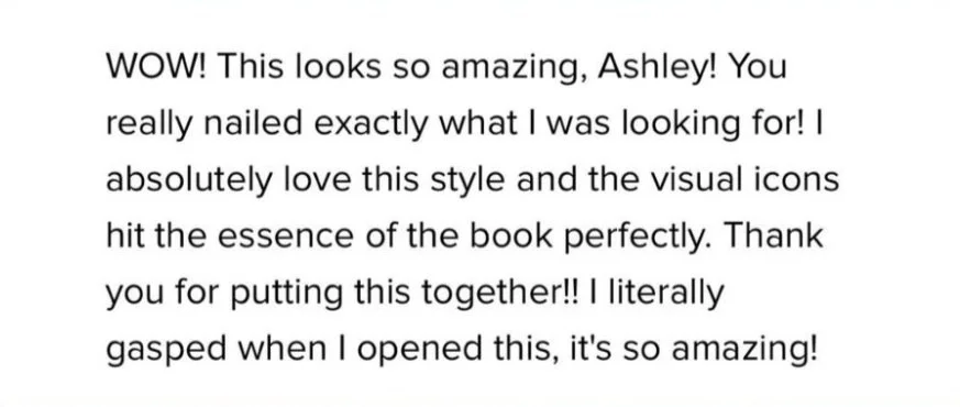 Screenshot of a positive review praising Ashley for a style and visual icons, expressing excitement and gratitude.