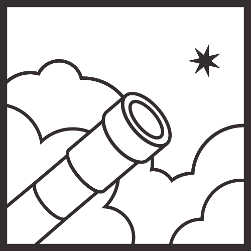 Black and white line drawing of a telescope pointing at a star in the night sky with clouds.