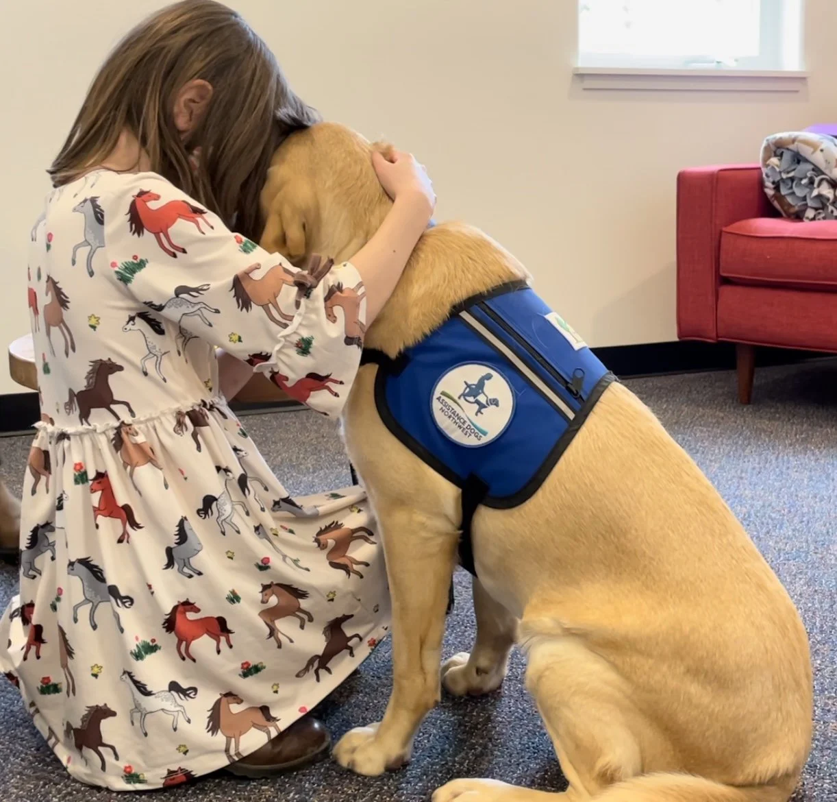 A girl in a horse-patterned dress hugging a service dog wearing a blue vest inside a room with beige walls, a window, a red chair, and a blanket on the chair.