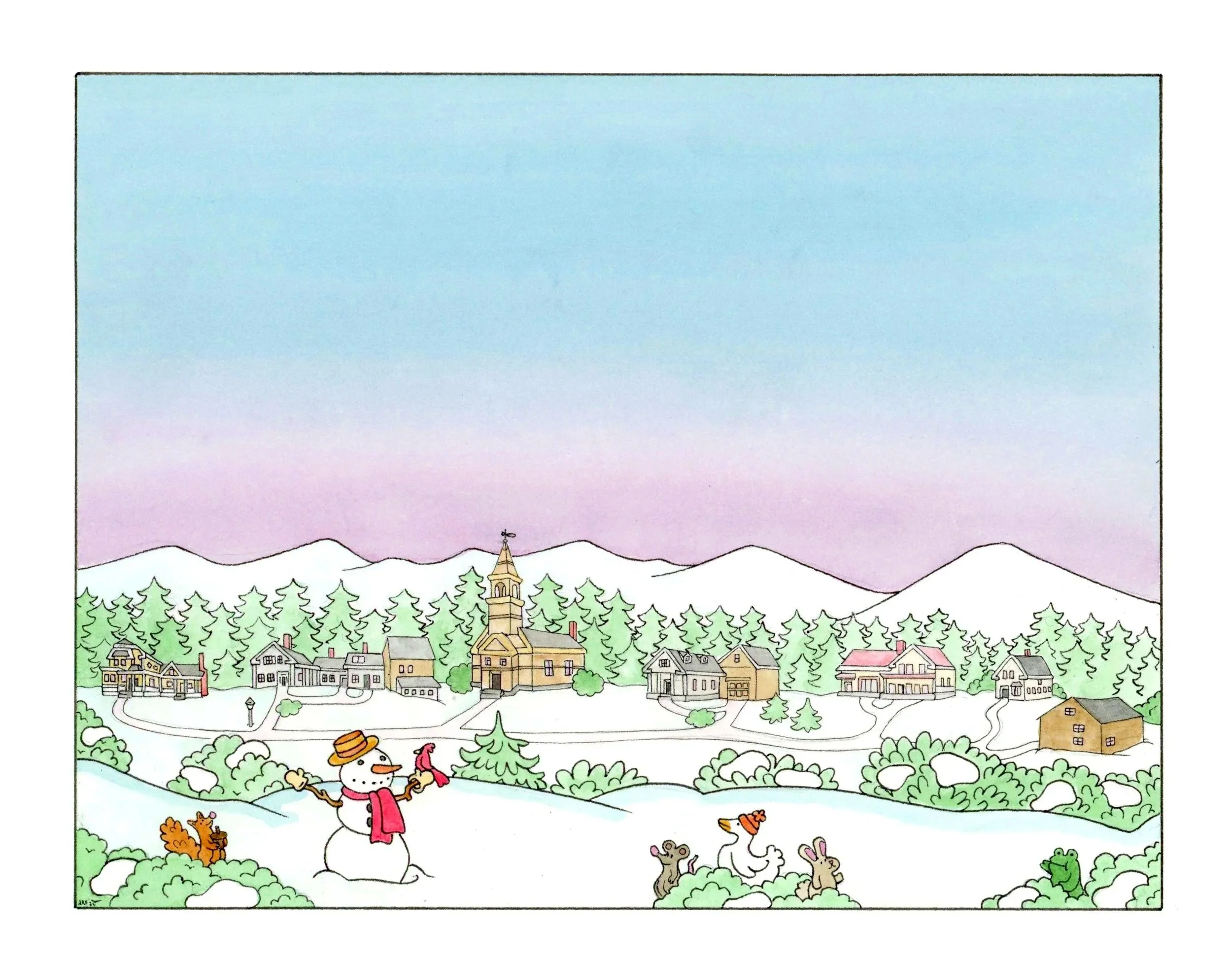 A colorful winter scene with a small town nestled among snow-covered trees and mountains. There are animals, including a dog, a cat, a rabbit, and a frog, playing in the snow, and a snowman wearing a hat and scarf. The sky shows a gradient of pastel 