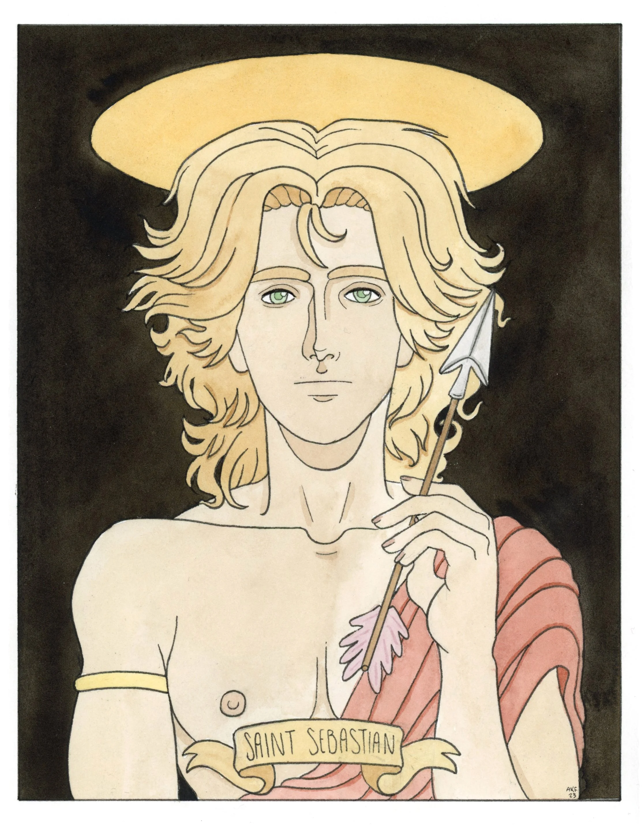 An illustration of a male saint with long blonde hair and green eyes, holding an arrow with a feathered tip, with a banner below reading 'Saint Sebastian' in handwritten style.