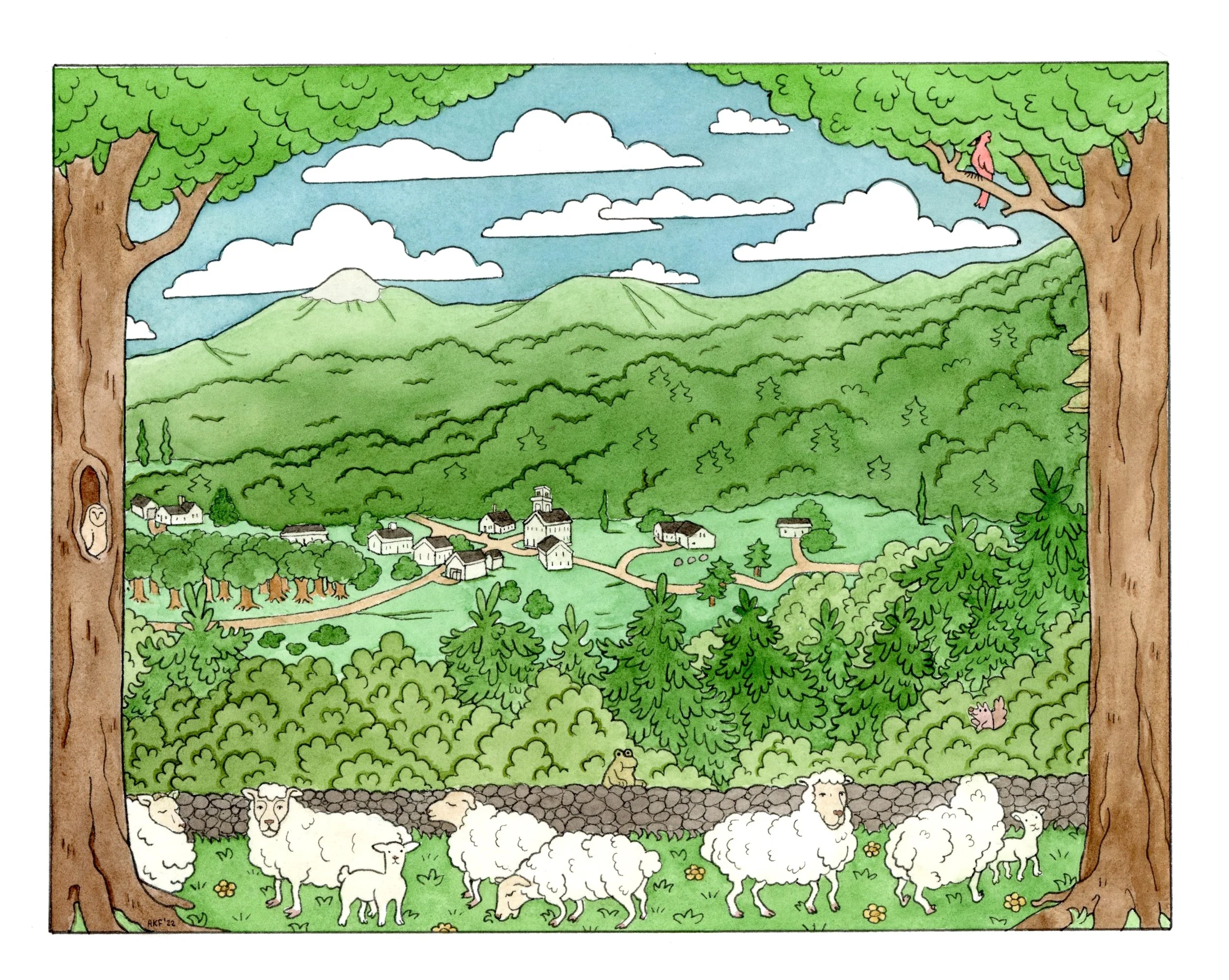 A colorful illustration of a pastoral scene viewed through a forest window, featuring a village with white houses, green fields, rolling hills, and distant mountains under a bright blue sky with clouds.