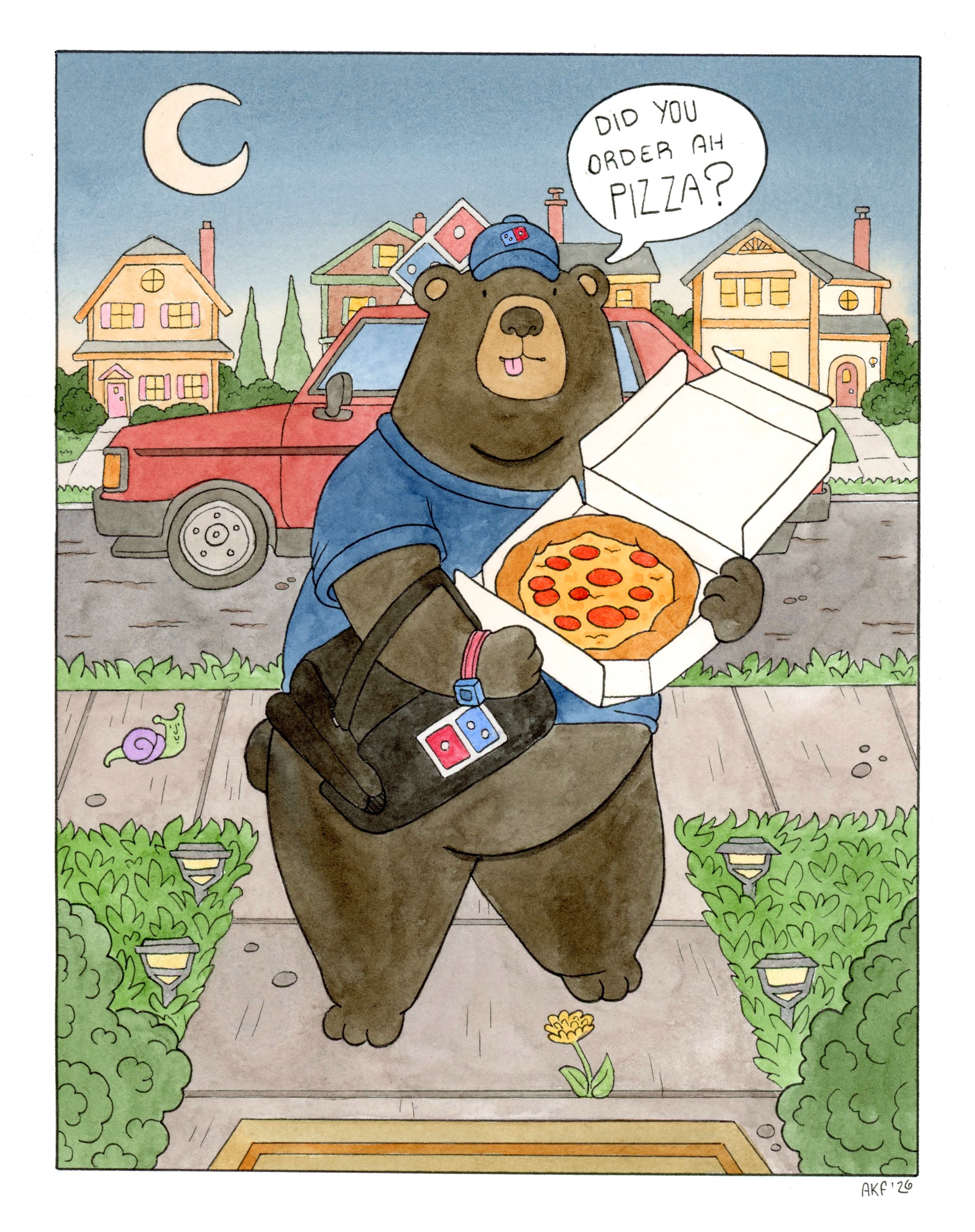 Pizza Bear - 8x10in - 2026 - Watercolor and Pen & Ink