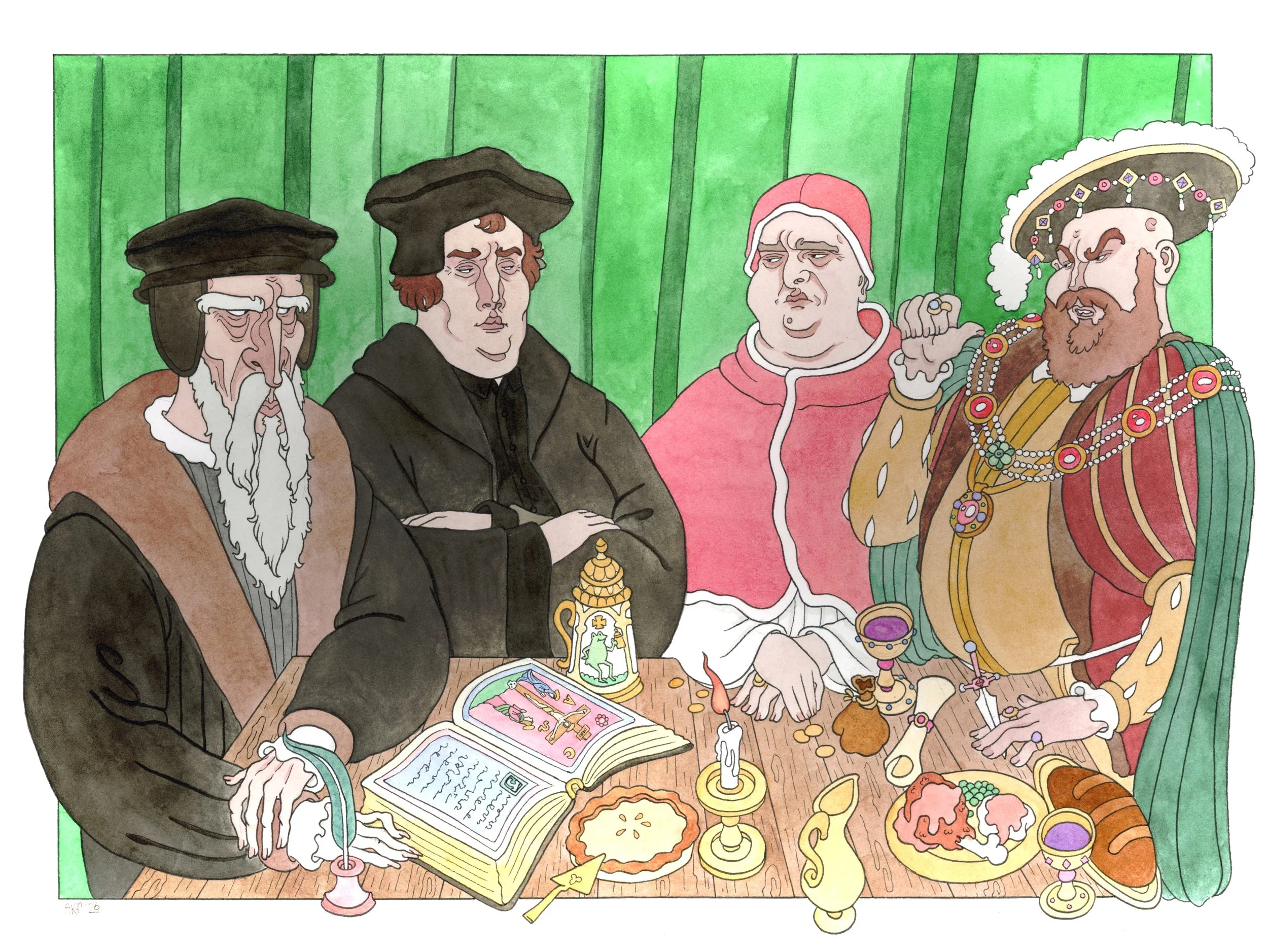 Three-Reformers-and-a-Pope-watercolor-nh-john-calvin-martin-luther-leo-x-henry-viii-by-andrew-freshour.jpg