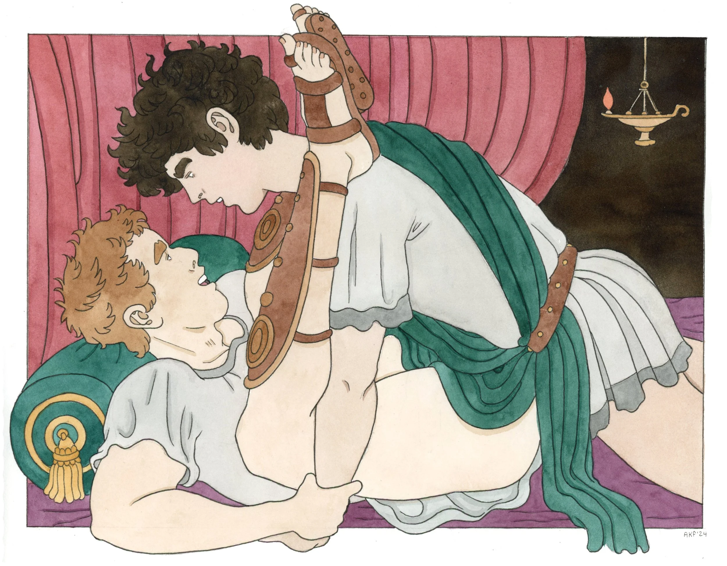 A historical illustration depicting a man dressed as a Roman or Greek soldier or monarch, with a laurel or curly hair, wearing a white robe and green cloak. He is kneeling and kissing the hand of a person in a white and green garment, possibly royalt