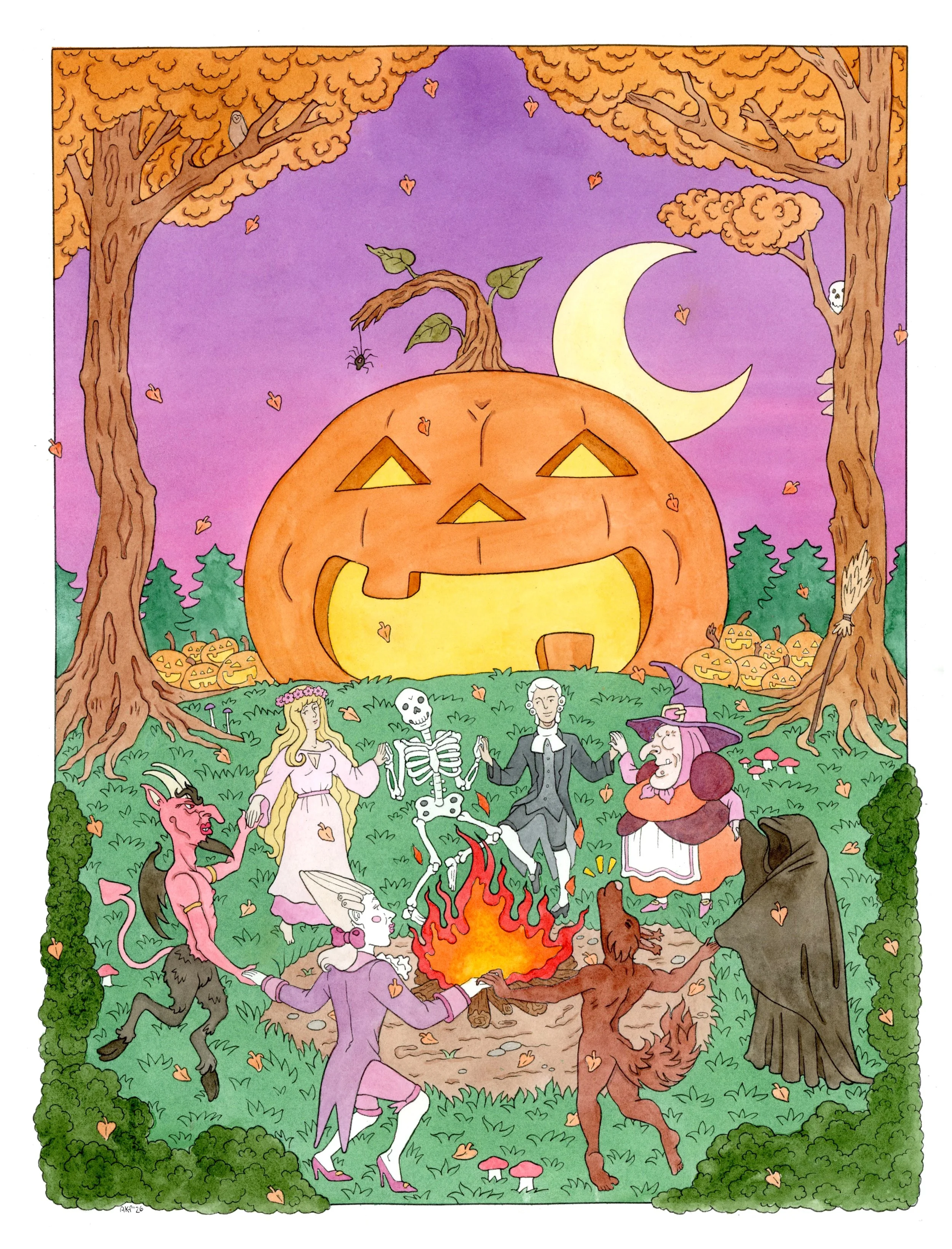 Midnight Revels on All Hallows' Eve - 2026 -  12x16in - Watercolor / Pen & Ink
