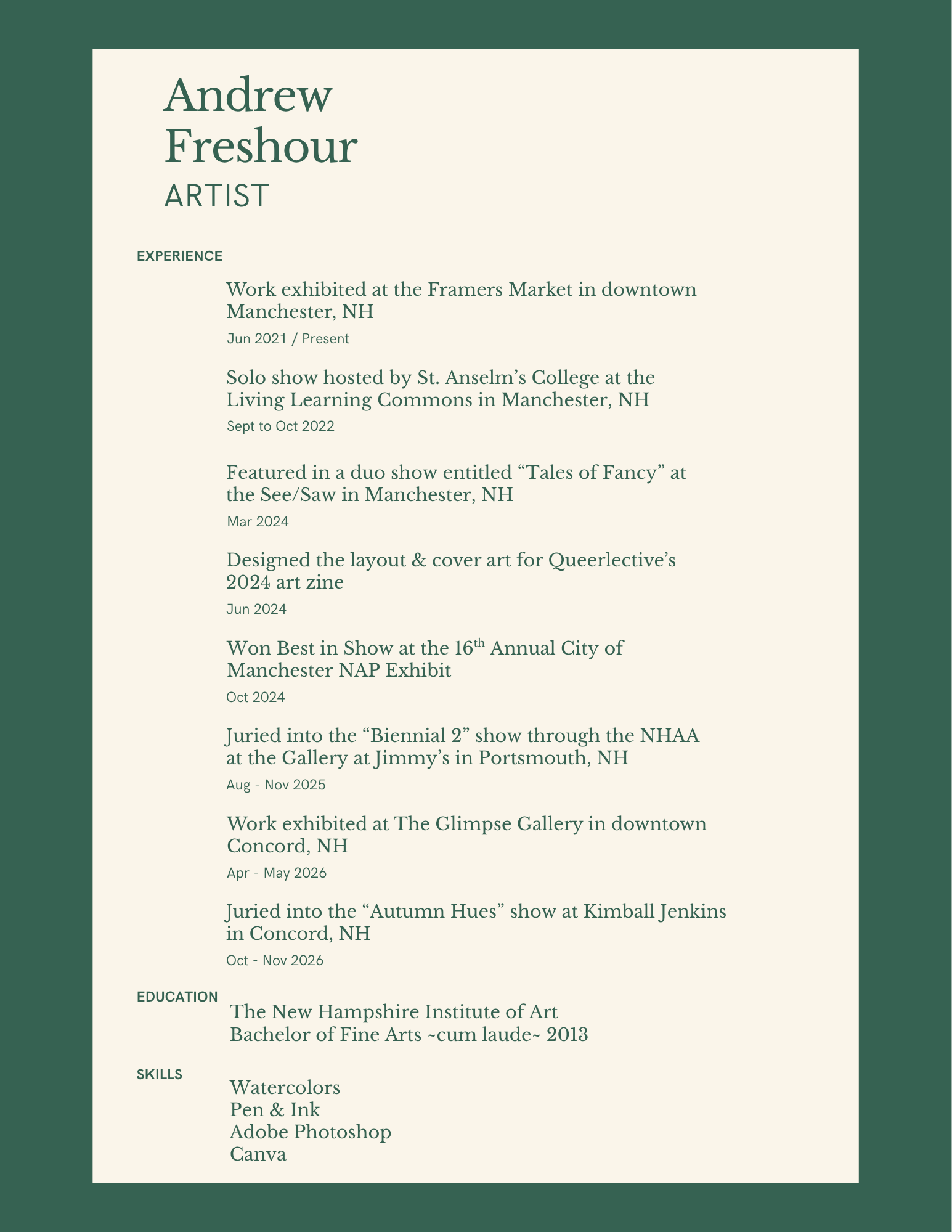 A resume or curriculum vitae for an artist named Andrew Freshour, featuring sections for experience, education, and skills, with details about art exhibitions, education, and artistic skills.