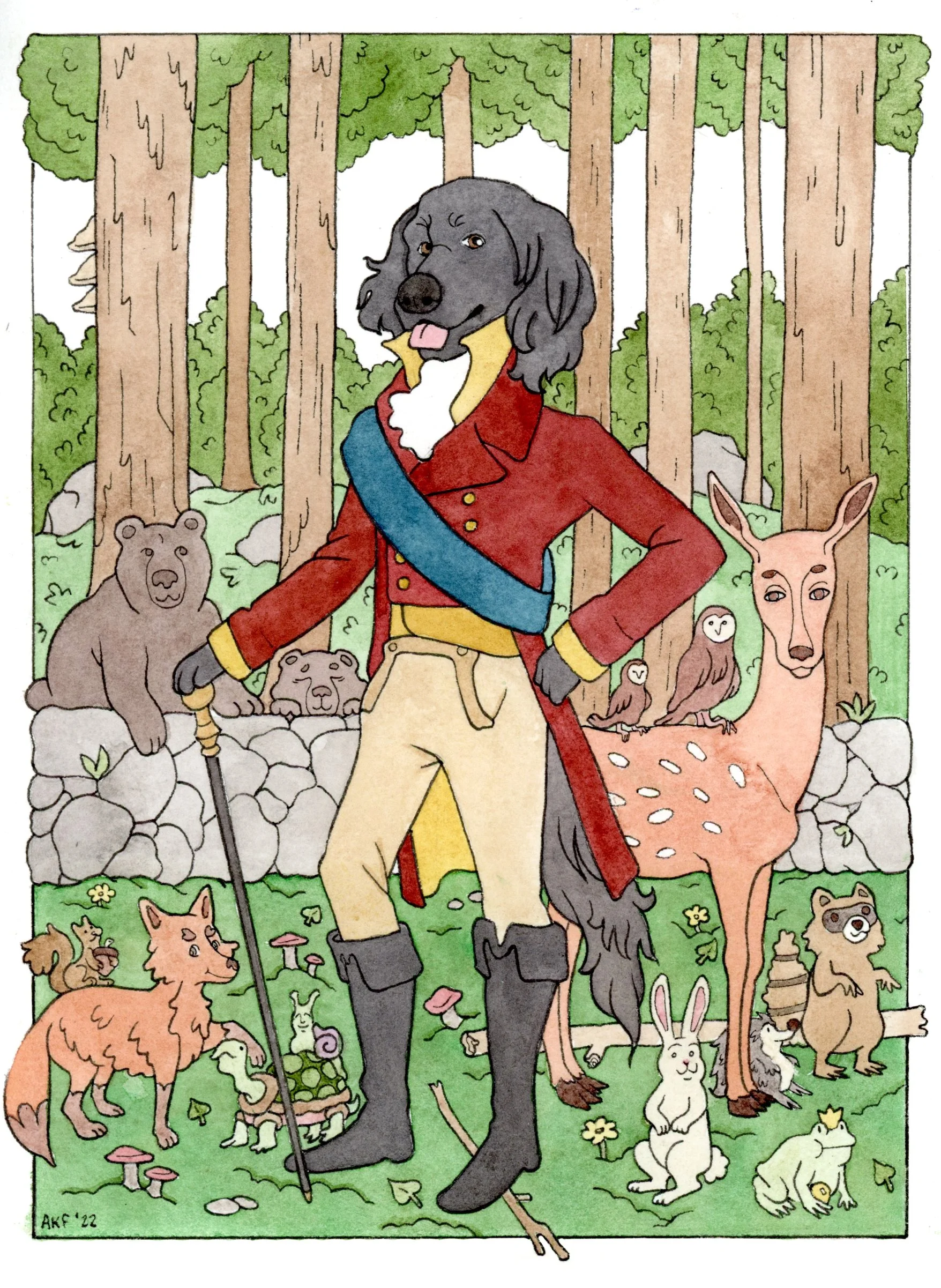 A cartoon drawing of a dog dressed as a soldier standing in a forest surrounded by various animals including bears, foxes, rabbits, owls, a deer, a raccoon, and a squirrel, among trees and mushrooms.