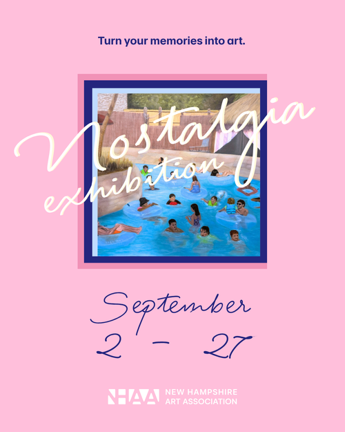 Pink promotional poster for an art exhibition titled 'Nostalgia Exhibition' at the New Hampshire Art Association, taking place from September 2 to 27, featuring a central photo of children swimming and playing in a pool.
