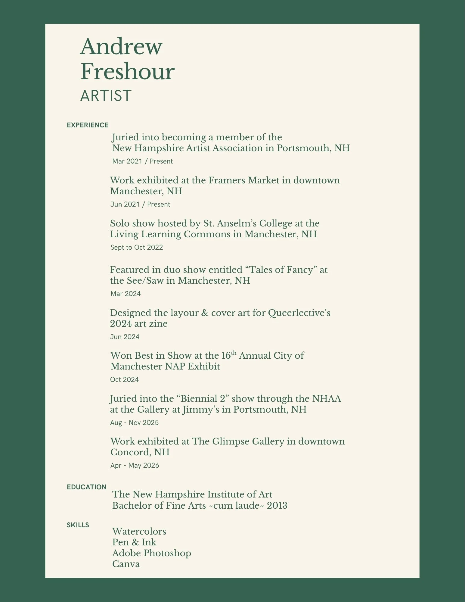 A resume for artist Andrew Freshour featuring experience, education, and skills. The background is beige with a dark green border on the right side.