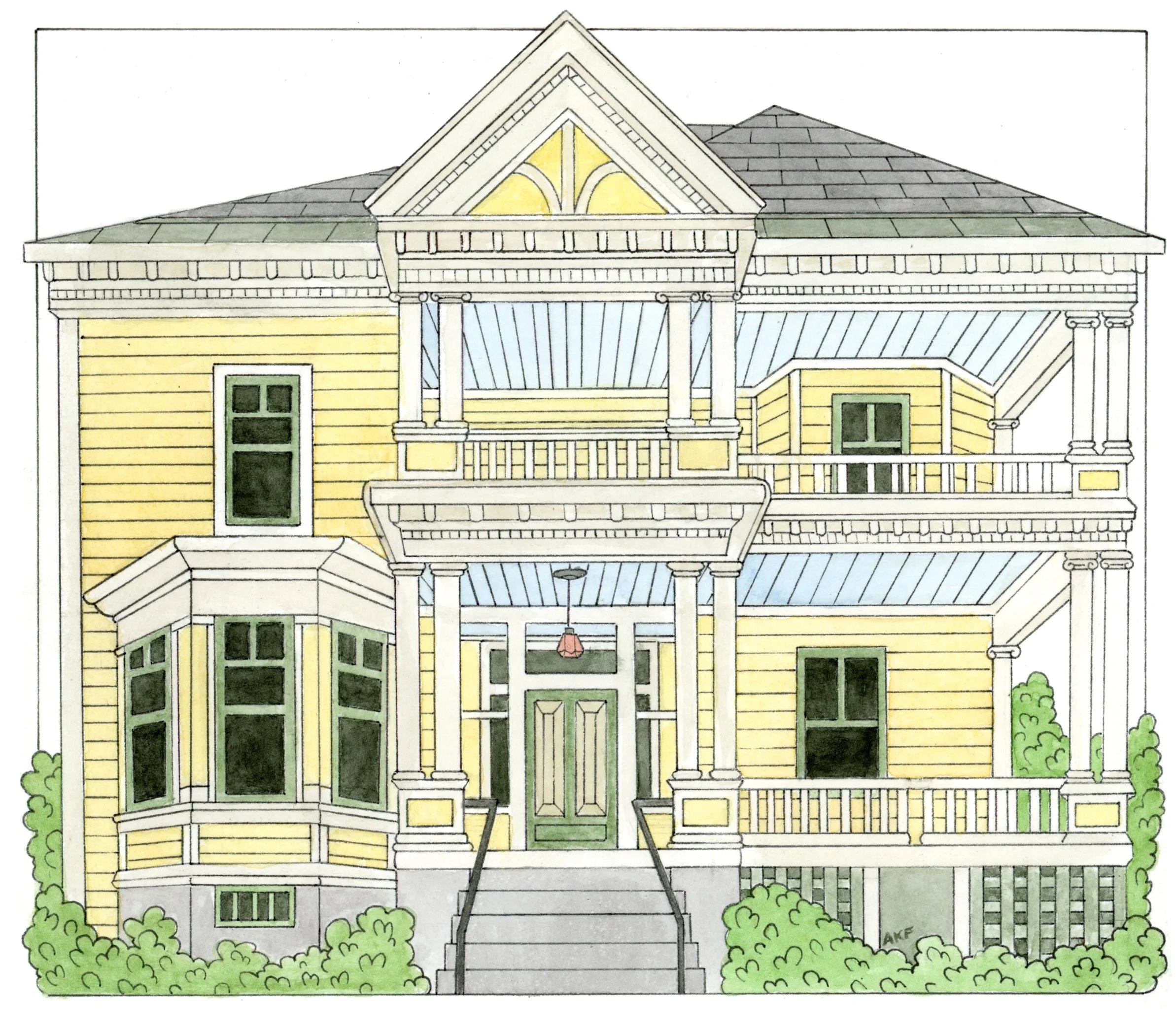 A watercolor illustration of a yellow house with a gabled roof, a porch with columns, and greenery around the yard.