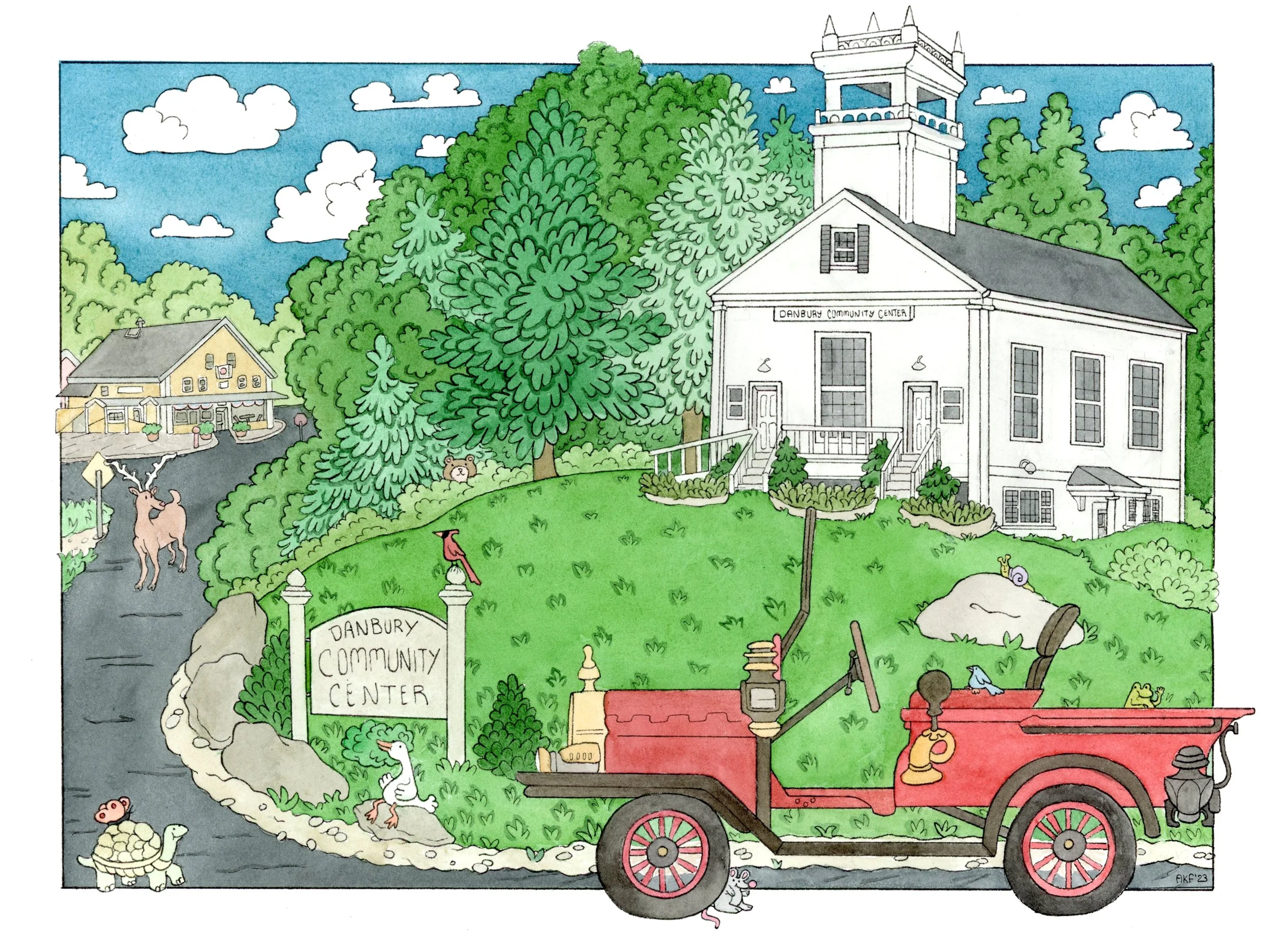 A colorful illustration of Danbury Community Center with trees, animals, a fire truck, and surrounding greenery.