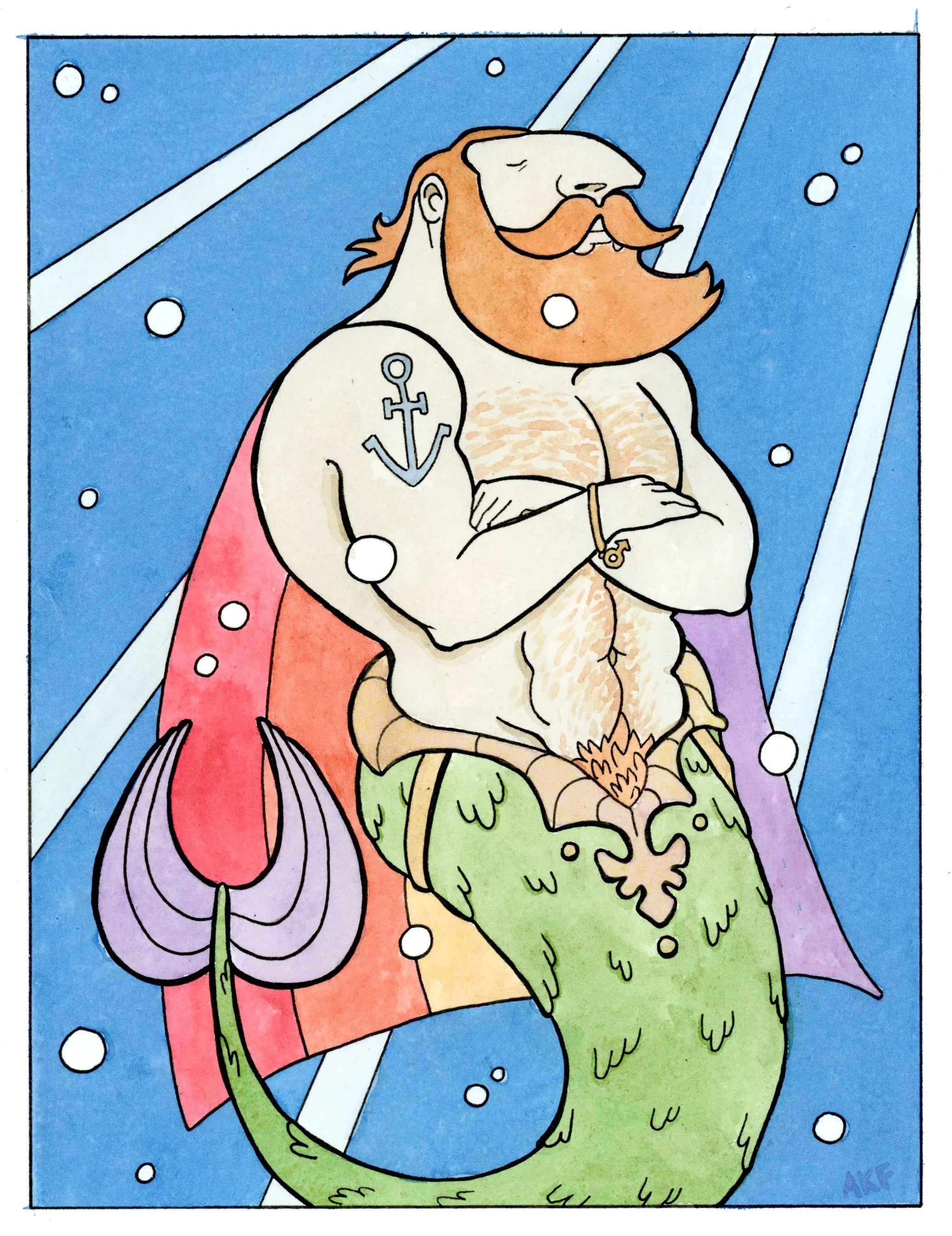 A cartoon depiction of a man with closed eyes, a beard, and a mustache, with a document tied to a green dragon with a red cape, set against a blue background with white bubbles.