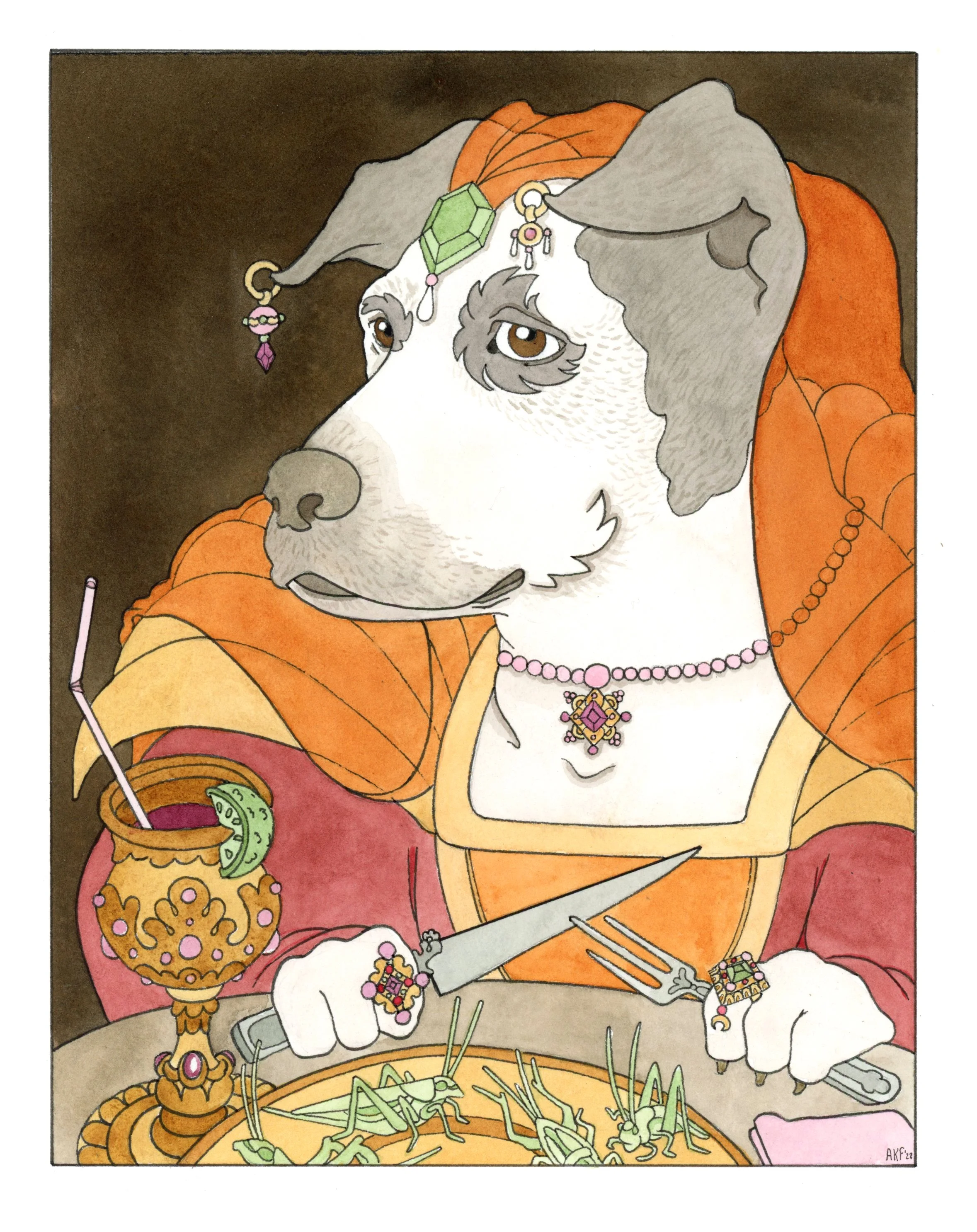 A colorful illustration featuring a gray-furred anthropomorphic dog with large brown eyes, adorned with jewelry including a necklace, earrings, and a crown-like headpiece. The dog is dressed in a traditional garment with orange, yellow, and pink acce