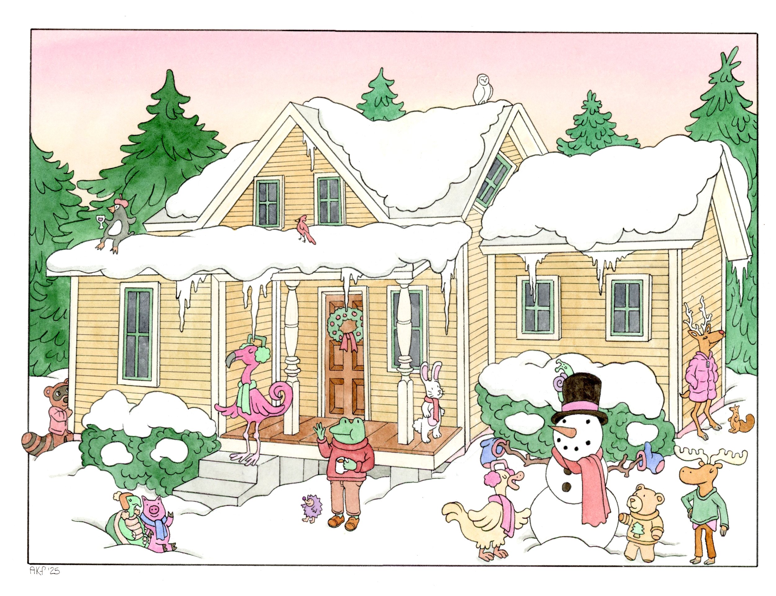 Cush's Christmas Card - 9x12in - 2025 - Watercolor and Pen & Ink