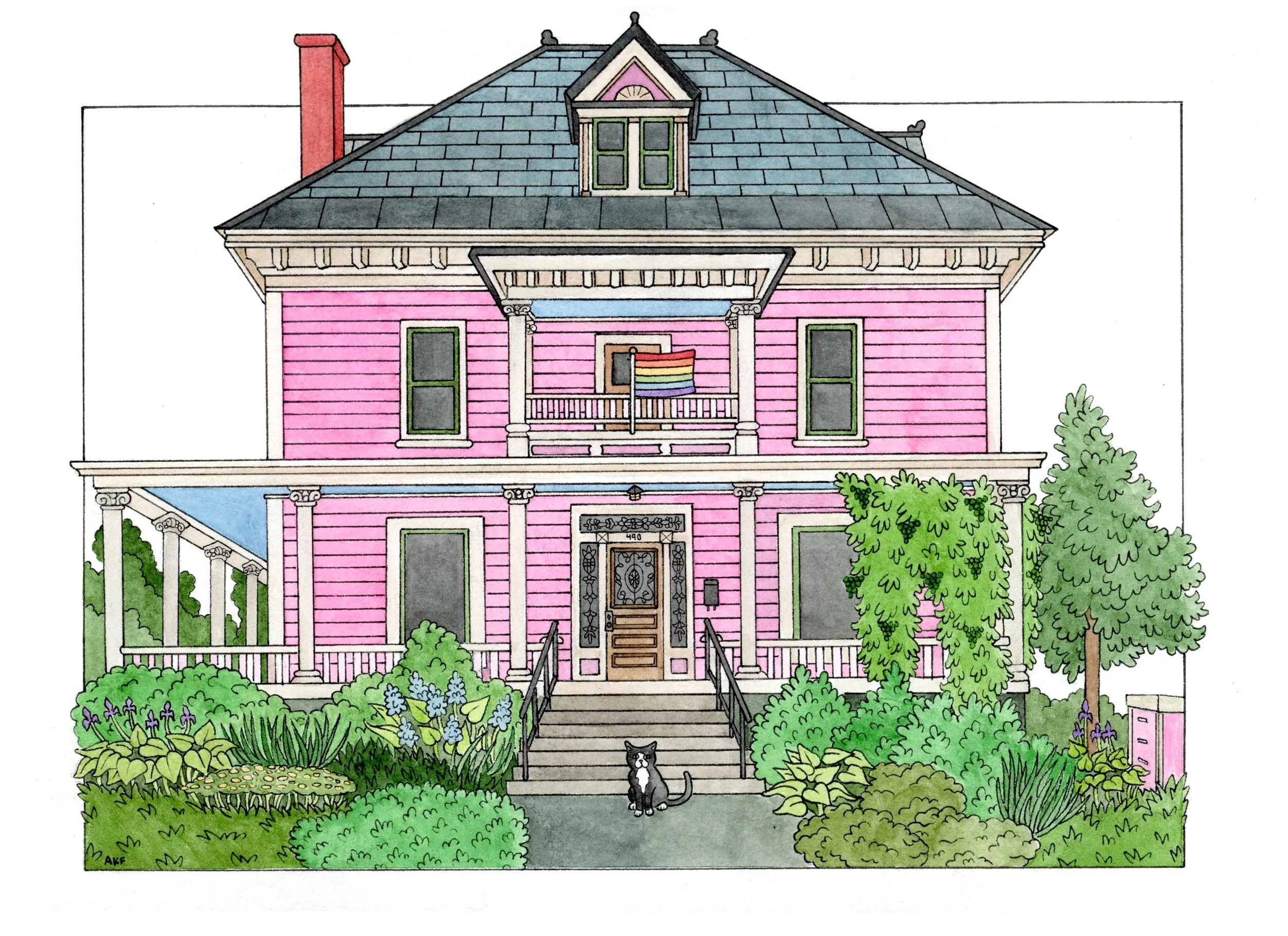Illustration of a pink house with a front porch, surrounded by bushes and flowers, with a black and white cat sitting on the walkway.