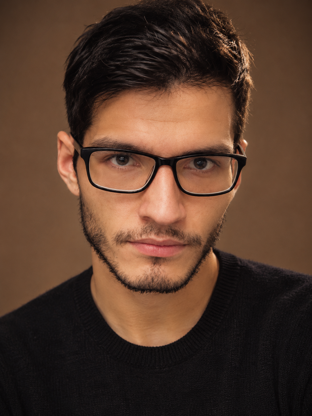 A young man with dark hair, glasses, and a slight beard, wearing a black sweater, looking directly at the camera against a brown background.