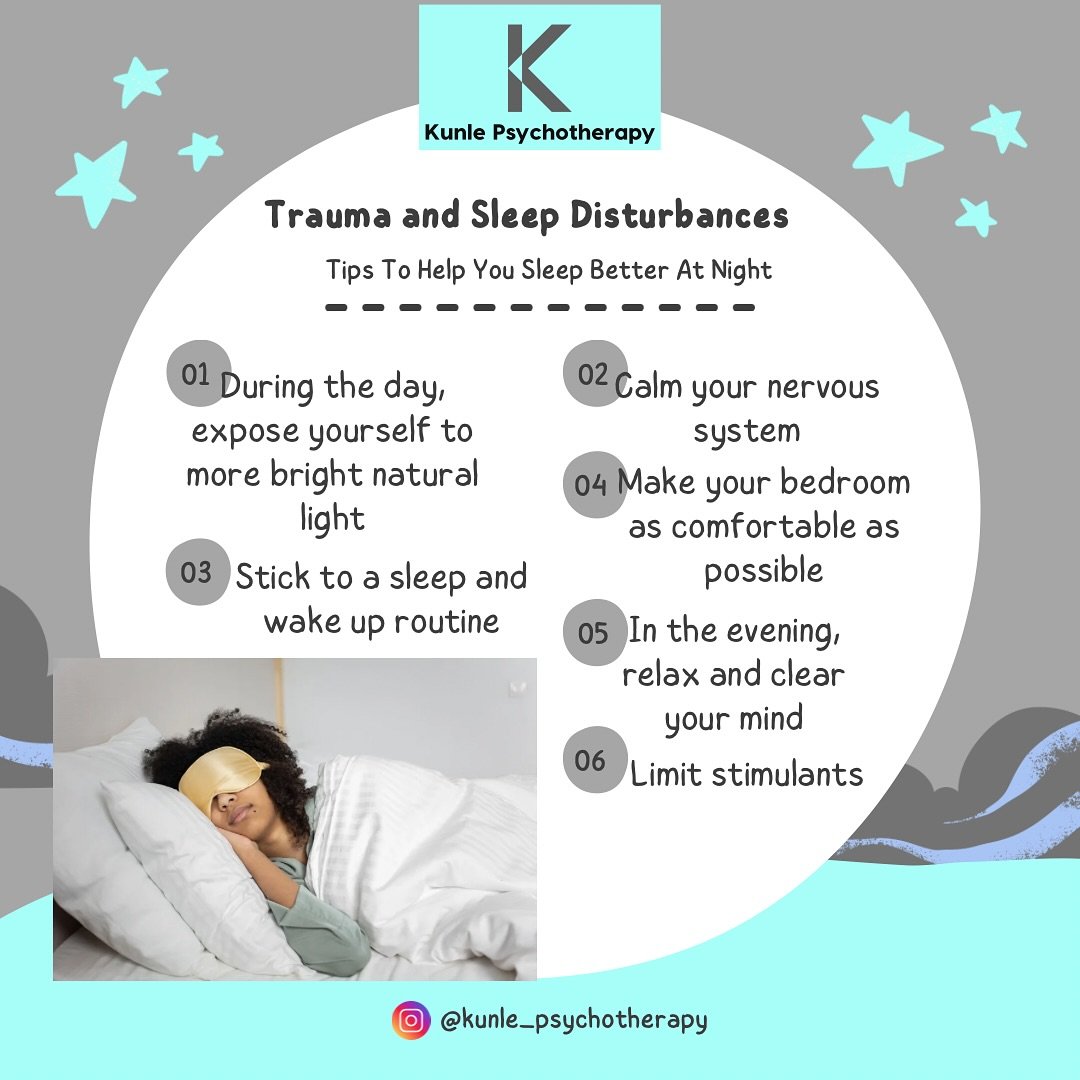 The Impact of Trauma on Sleep

Trauma often leads to insomnia, nightmares, or restless sleep. Here are some tips to help improve your rest. 😴 
1. Get Lots of Sunlight &ndash; Take opportunities to get as much natural light during the day, step outdo