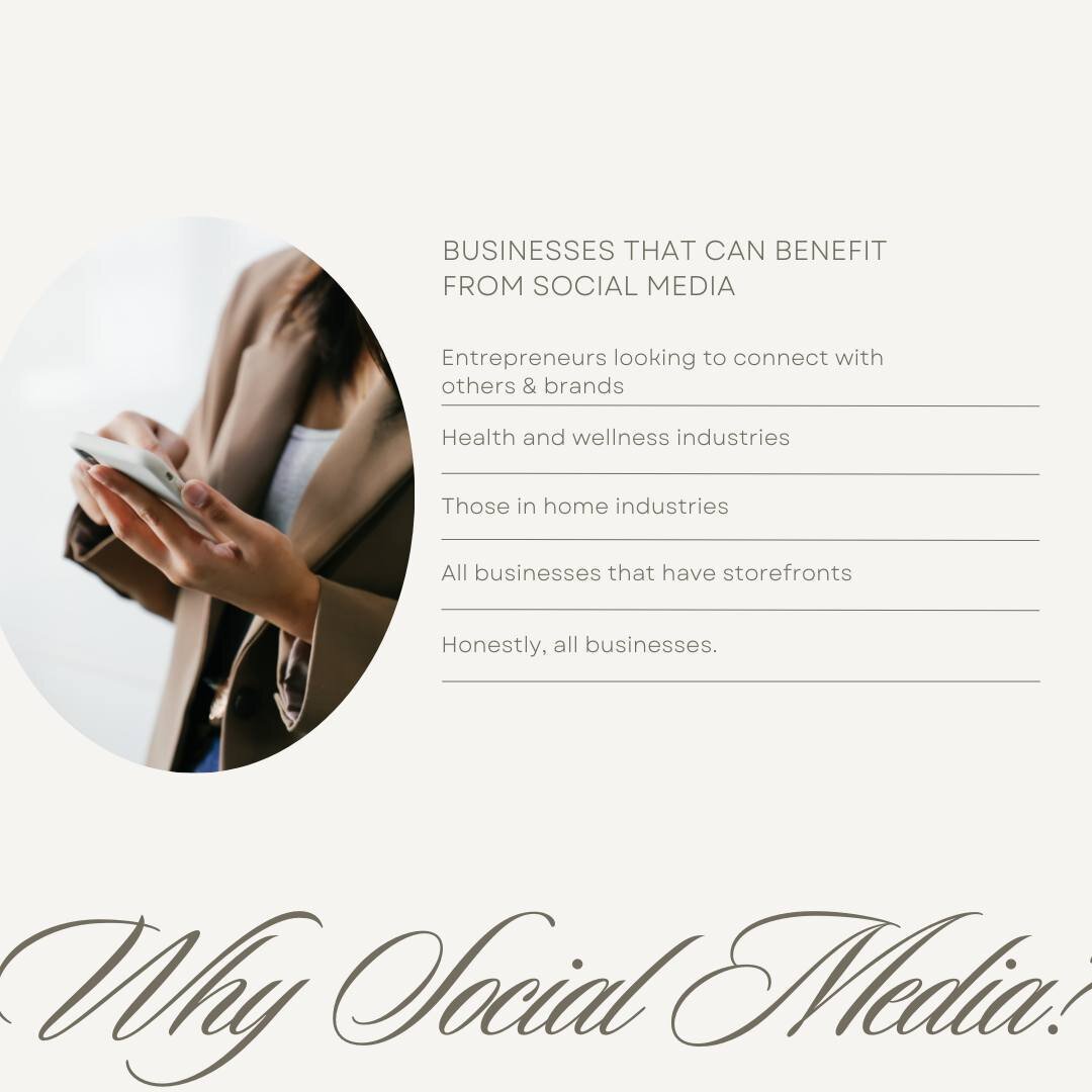 Honestly, all businesses can benefit from social media. If your business:⁠
⁠
👉 relies on having clients⁠
👉 has a storefront (online or in person)⁠
👉 hires people⁠
👉 relies on connections ⁠
👉 could benefit through collaboration with other compani