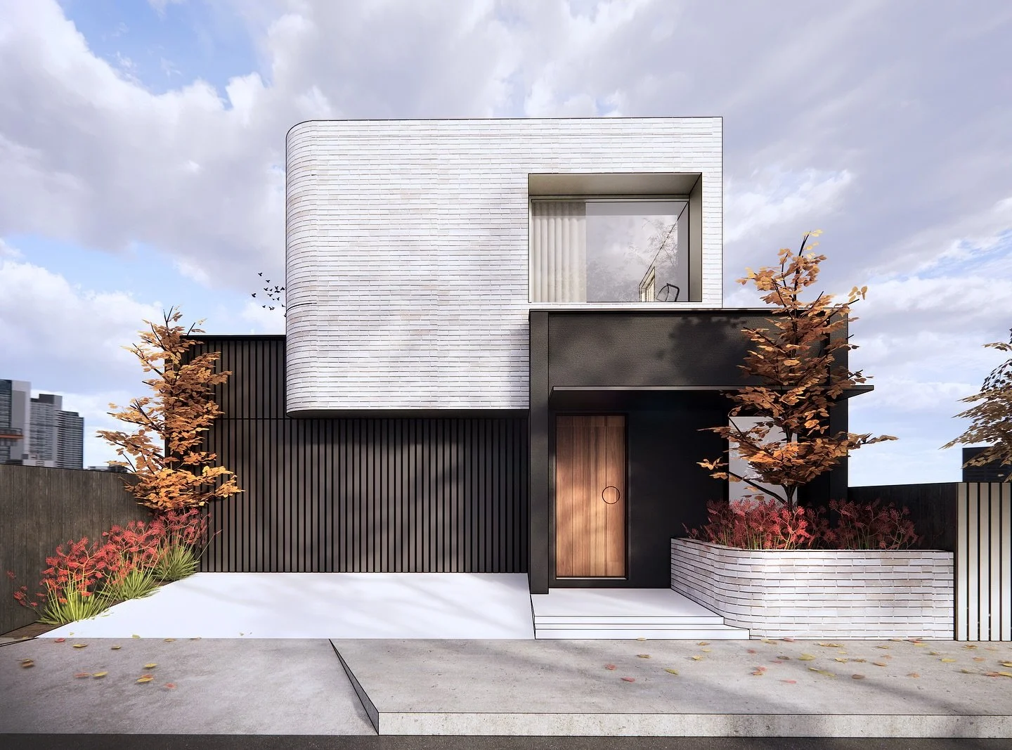 Up-and-coming contemporary home by @archsign_architecture that blends modern aesthetics with purposeful functionality. The striking fa&ccedil;ade showcases sleek thin white bricks and flush-mount battens that discreetly conceal the garage door, creat