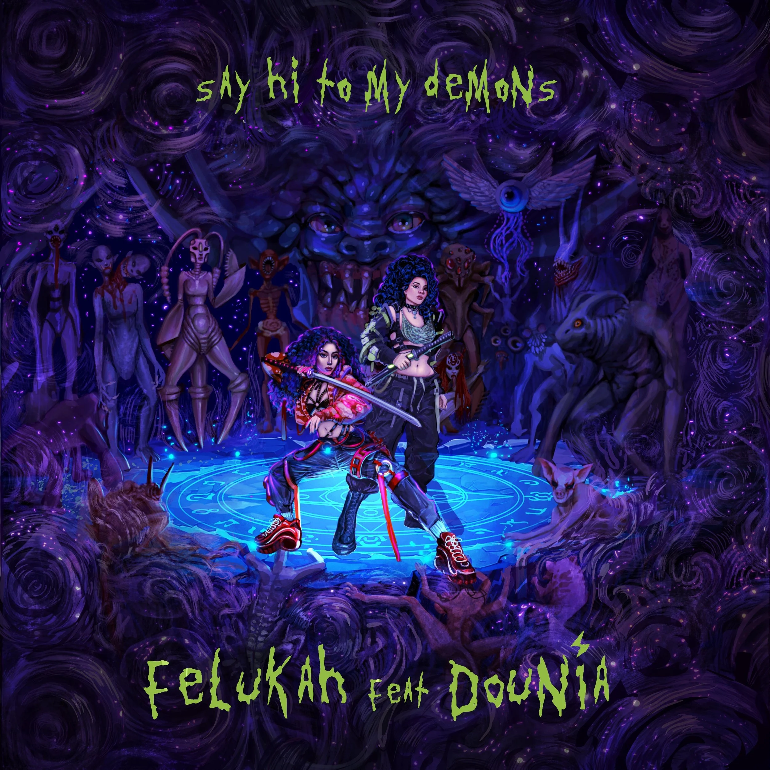 
"Say Hi To My Demons" single cover, for Musician "Felukah". Procreate, May 2022