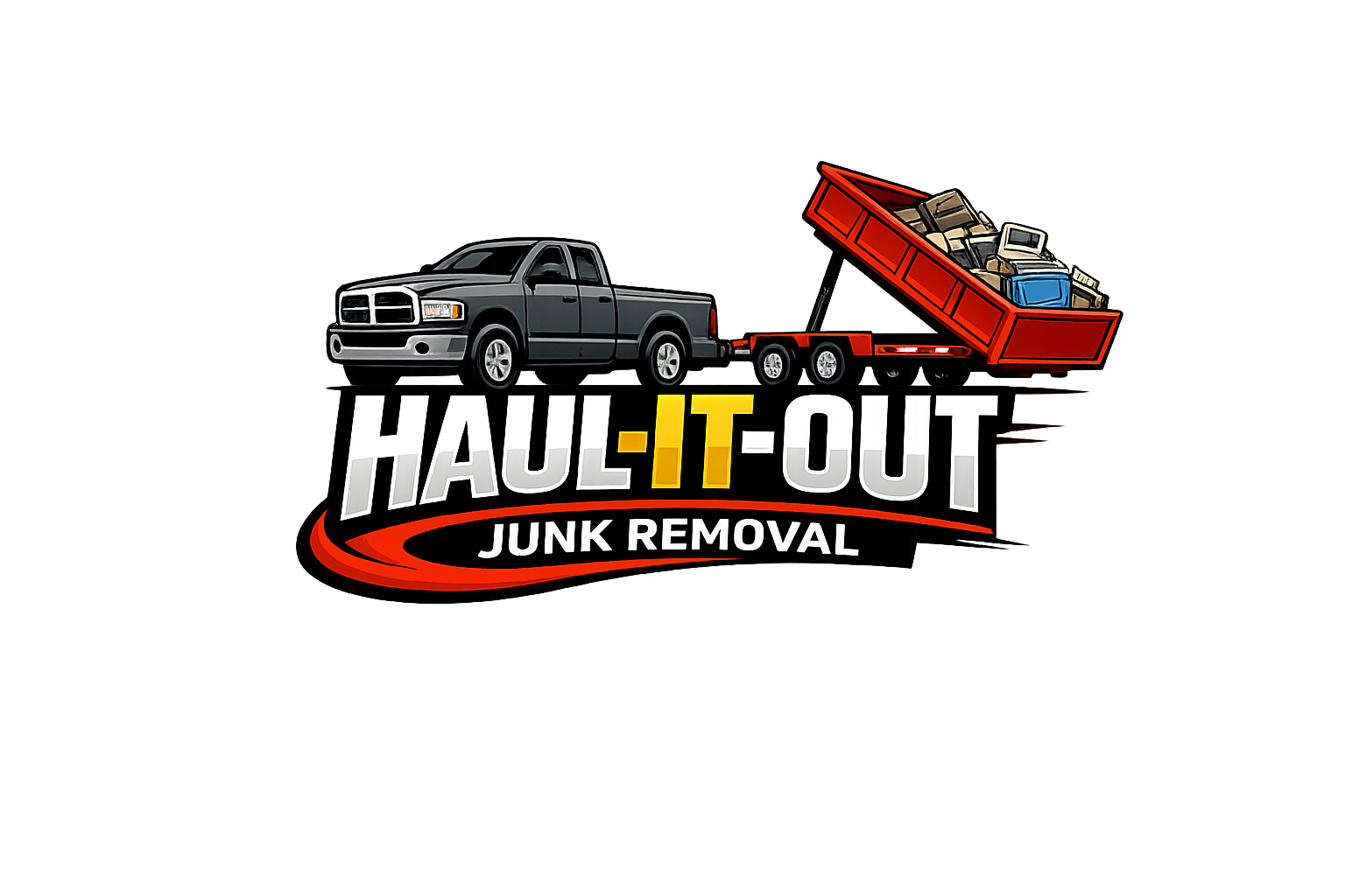 Logo for Haul-It-Out Junk Removal company featuring a gray pickup truck towing a red trailer filled with various junk items, with a colorful abstract background.