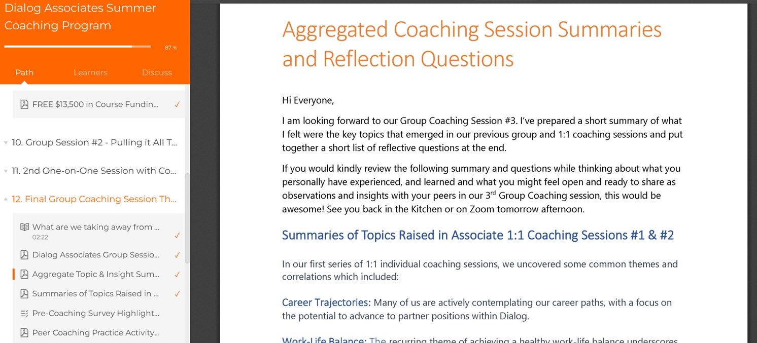 Summaries of past sessions and achievements to date to help participants understand where we’ve been, and where we’re headed next.