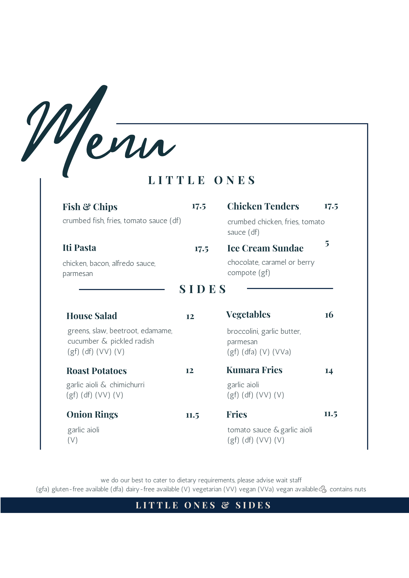 Oxley's Little Ones and Sides Menu