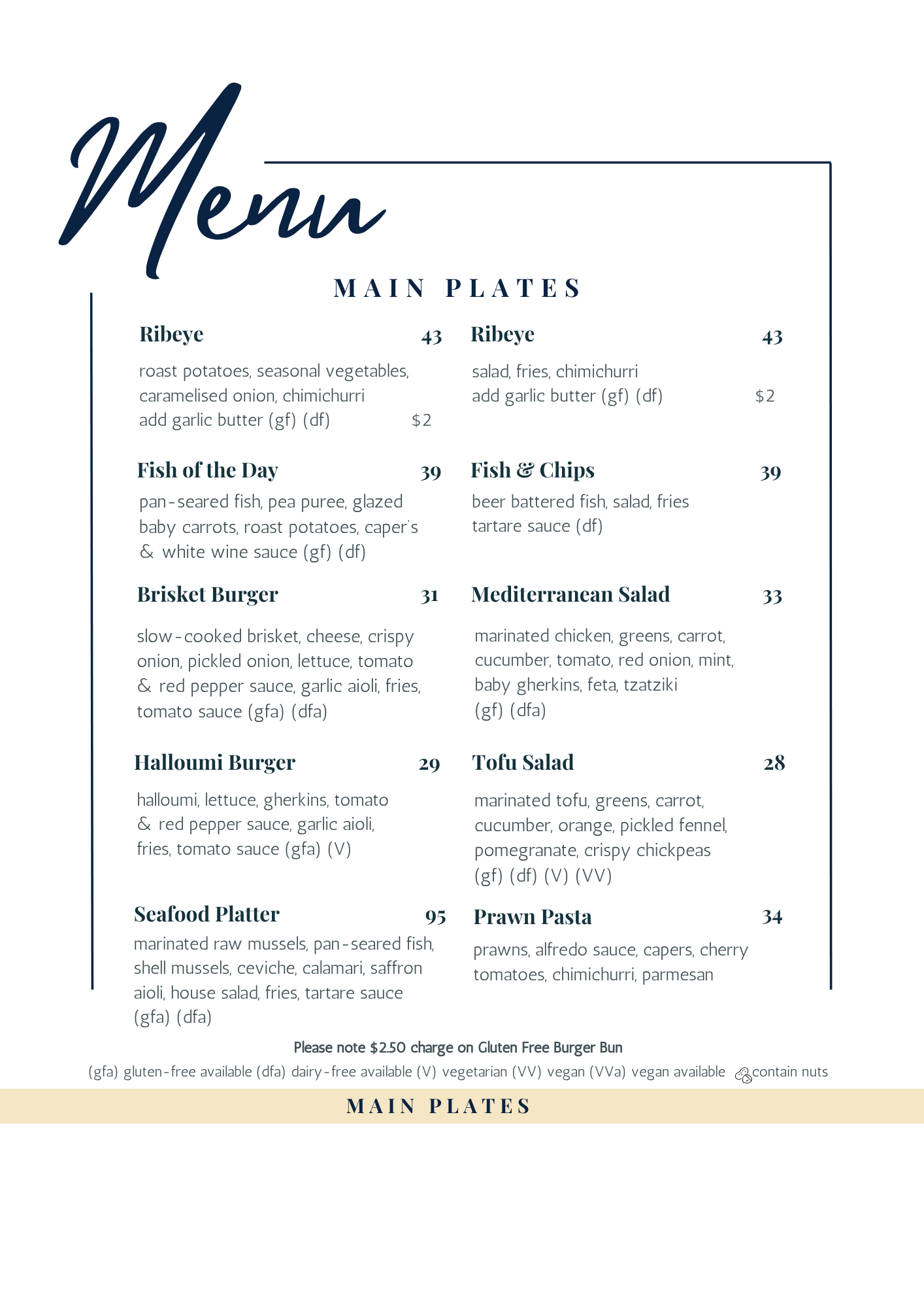 Oxley's Main Plates Menu
