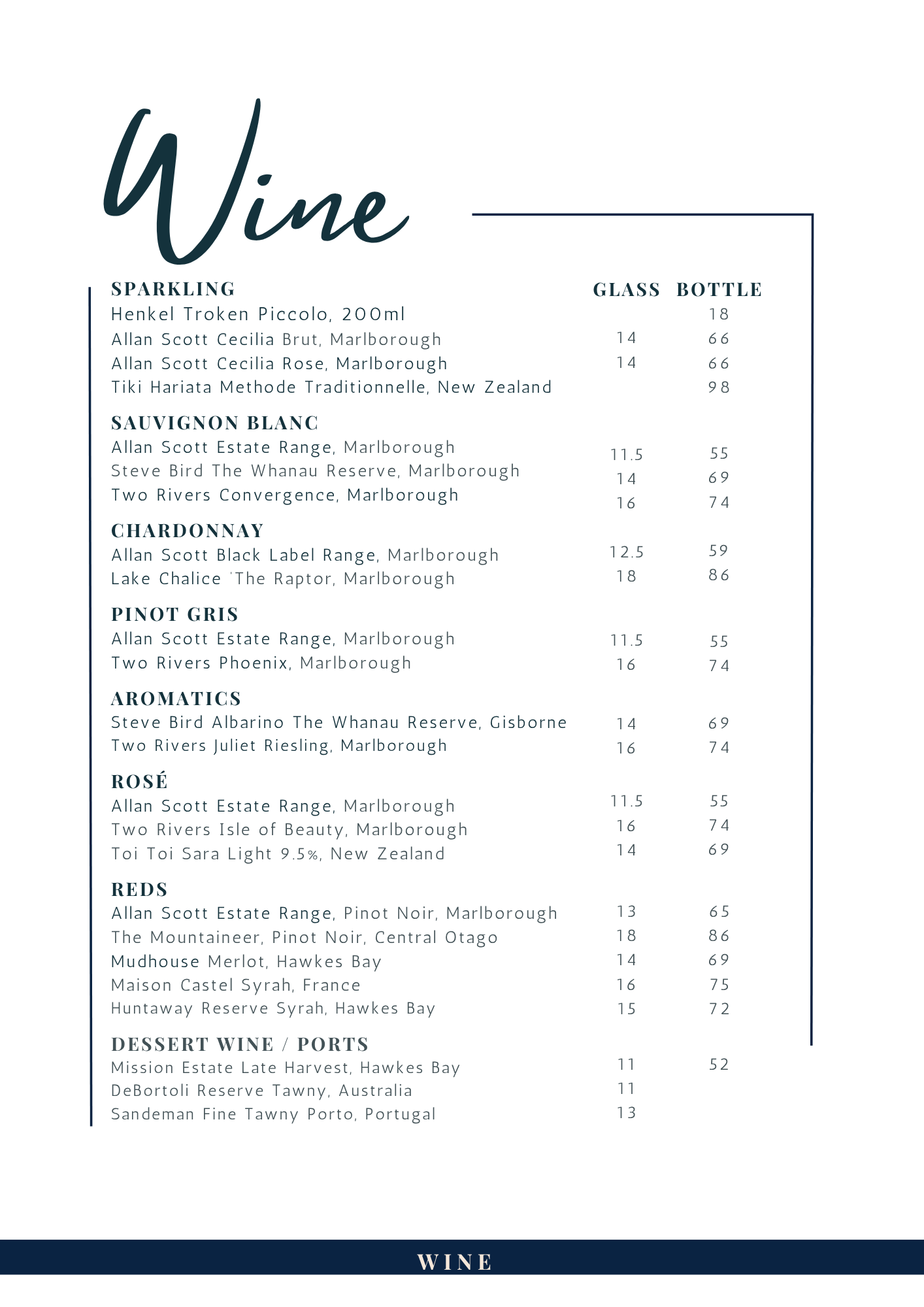 Oxley's Wine Menu