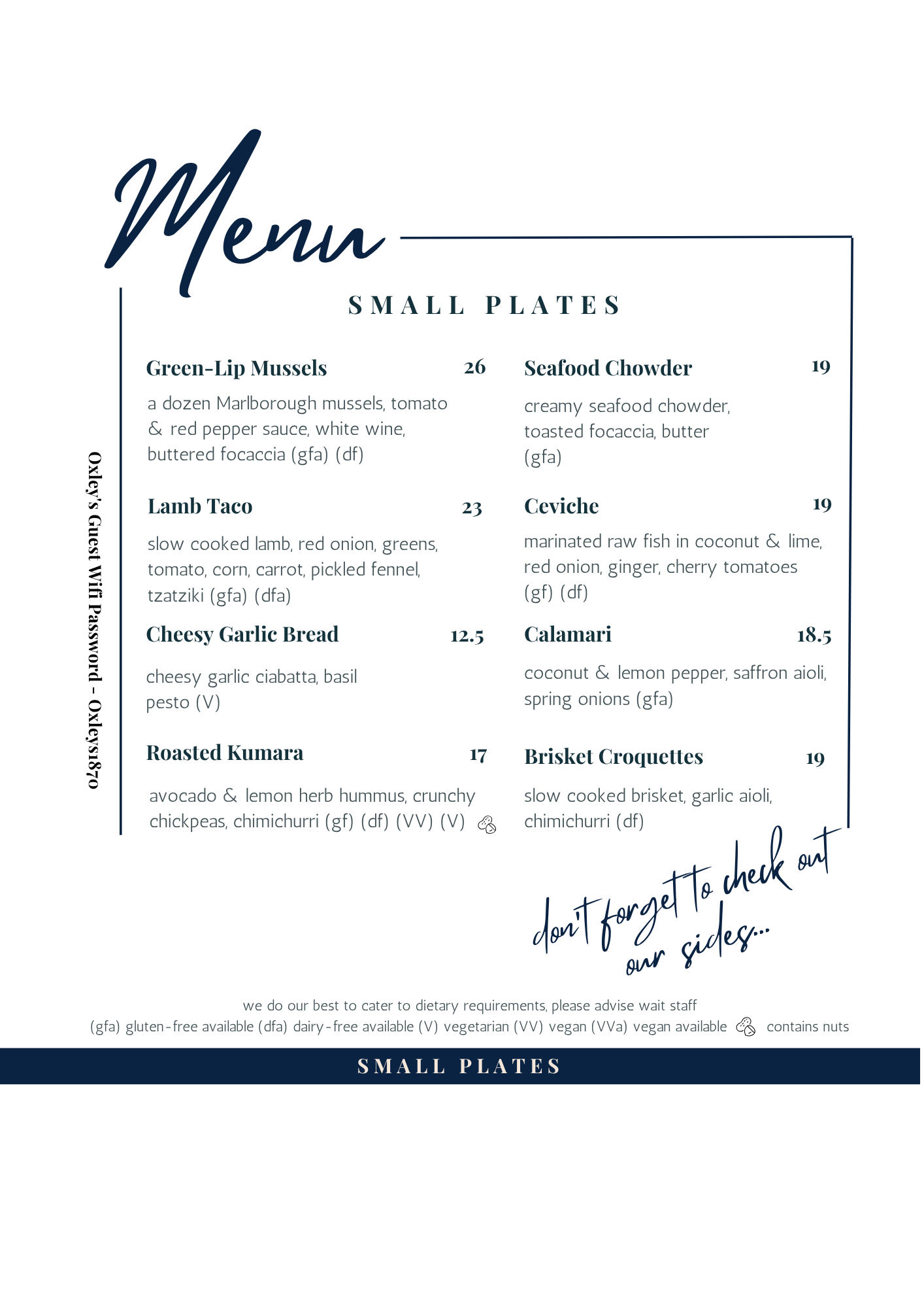 Oxley's Small Plates Menu